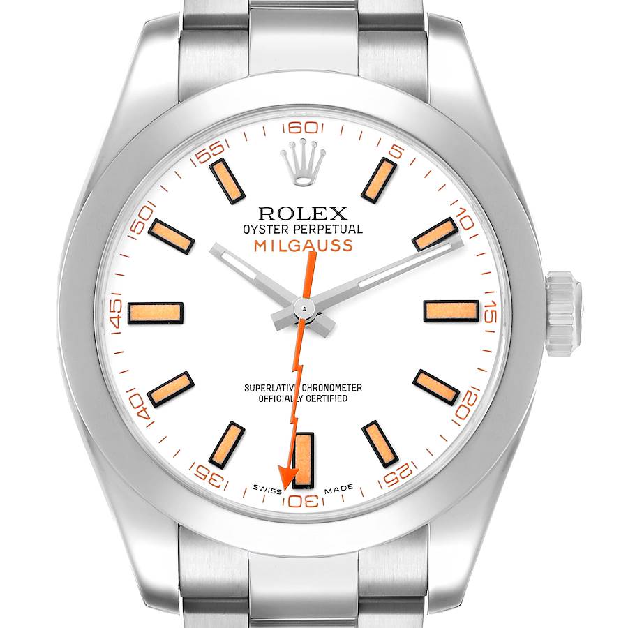 The image shows a front view of a Rolex Milgauss 116400 Men's Stainless Steel White Dial watch, highlighting the dial, hands, bezel, and part of the bracelet.