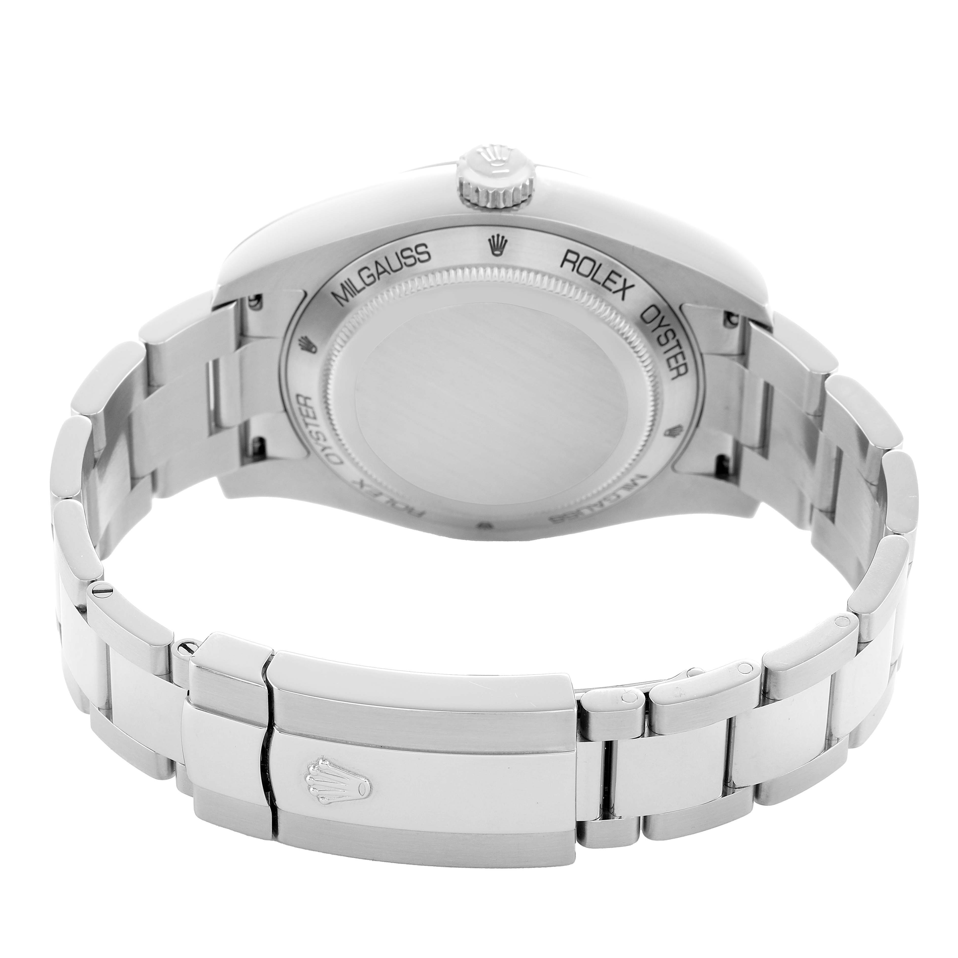 The image shows the back and bracelet of a Rolex Milgauss 116400 Men's Stainless Steel White Dial watch, highlighting the case back and clasp from the rear angle.