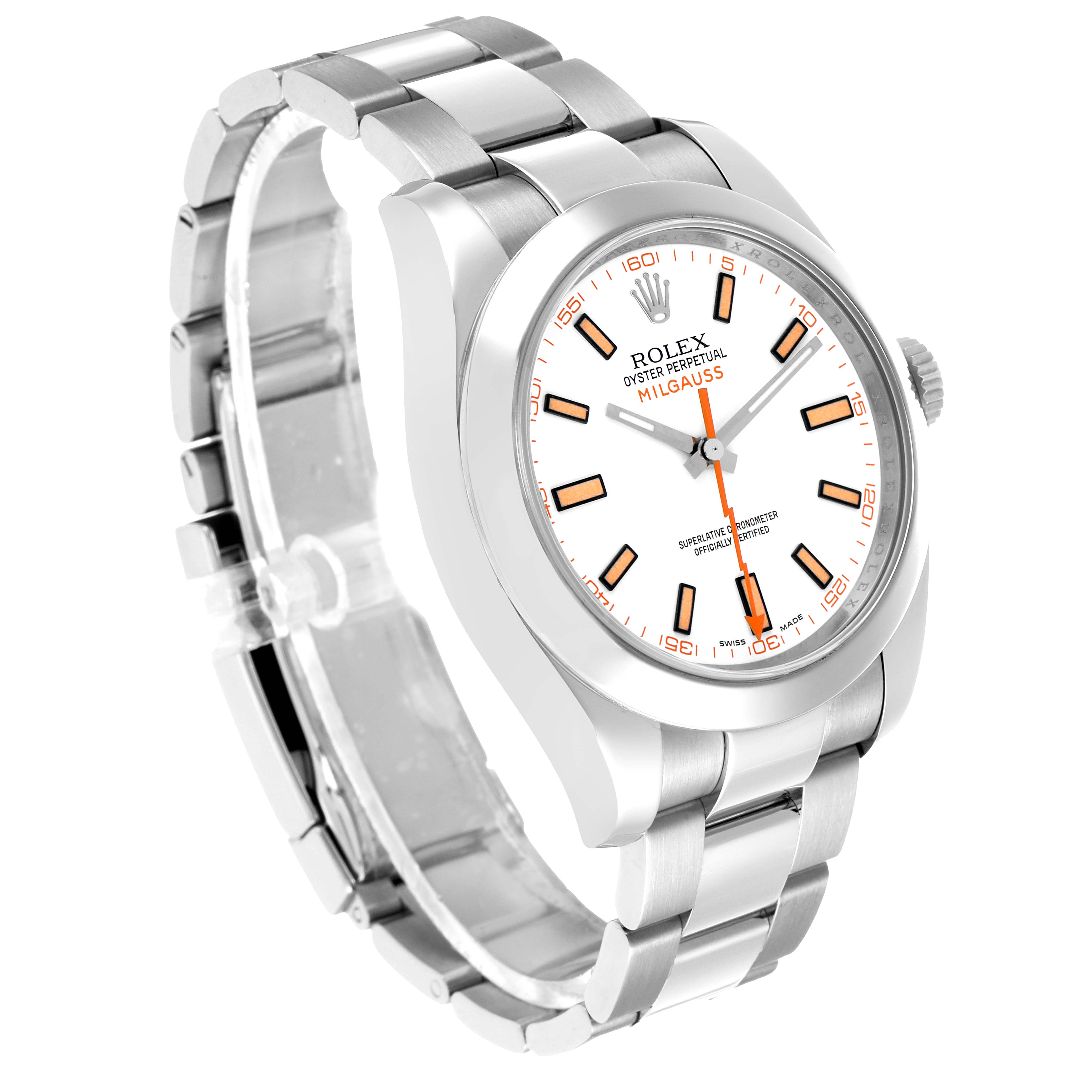The Rolex Milgauss 116400 Men's Stainless Steel White Dial watch is shown at a three-quarter angle, highlighting the bracelet, dial, and case.