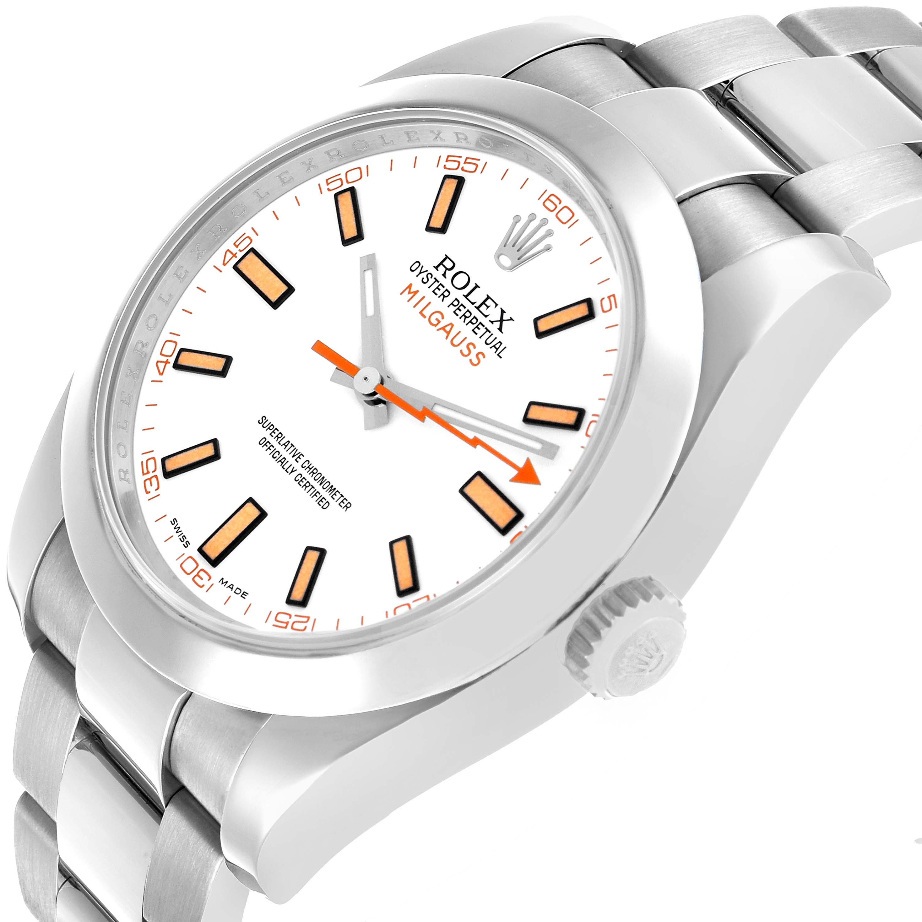 The Rolex Milgauss 116400 Men's Stainless Steel White Dial watch is shown at an angled side view, displaying its dial, bezel, crown, and part of the bracelet.