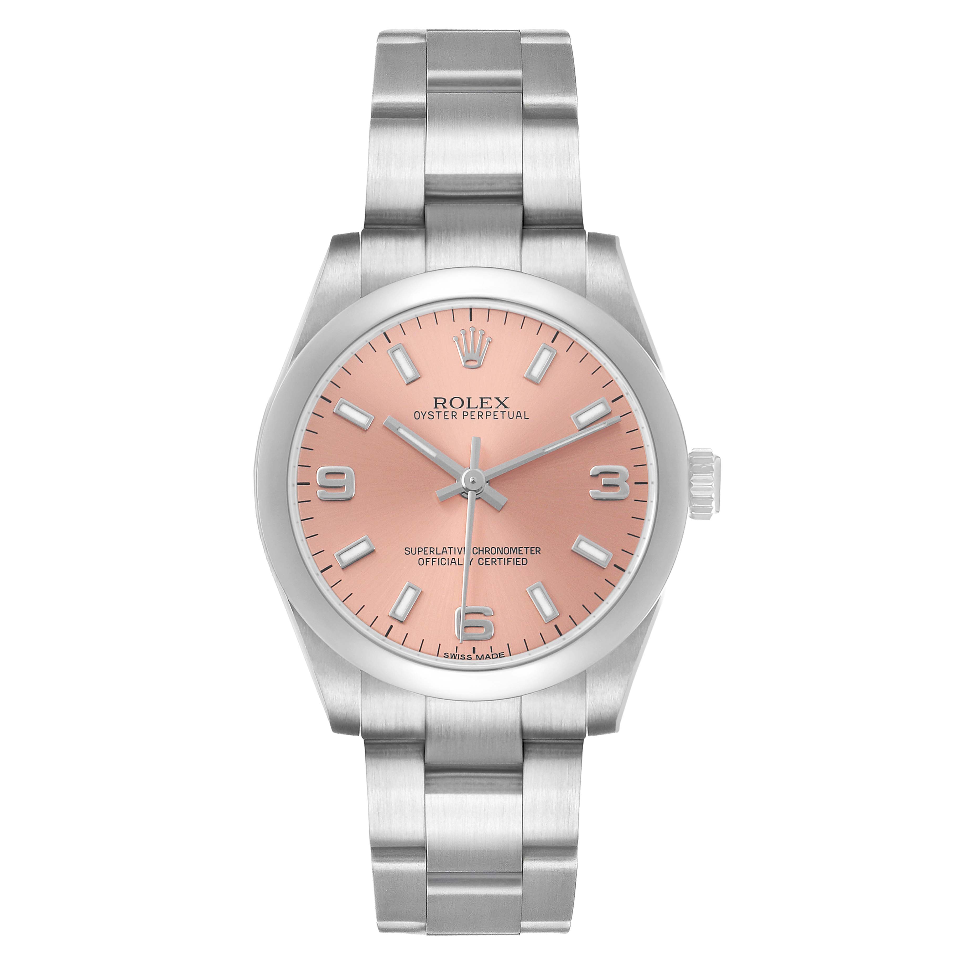 The Rolex Oyster Perpetual 177200 Women's Stainless Steel Pink Dial watch is shown from a top-down angle, displaying its face, dial, and bracelet.