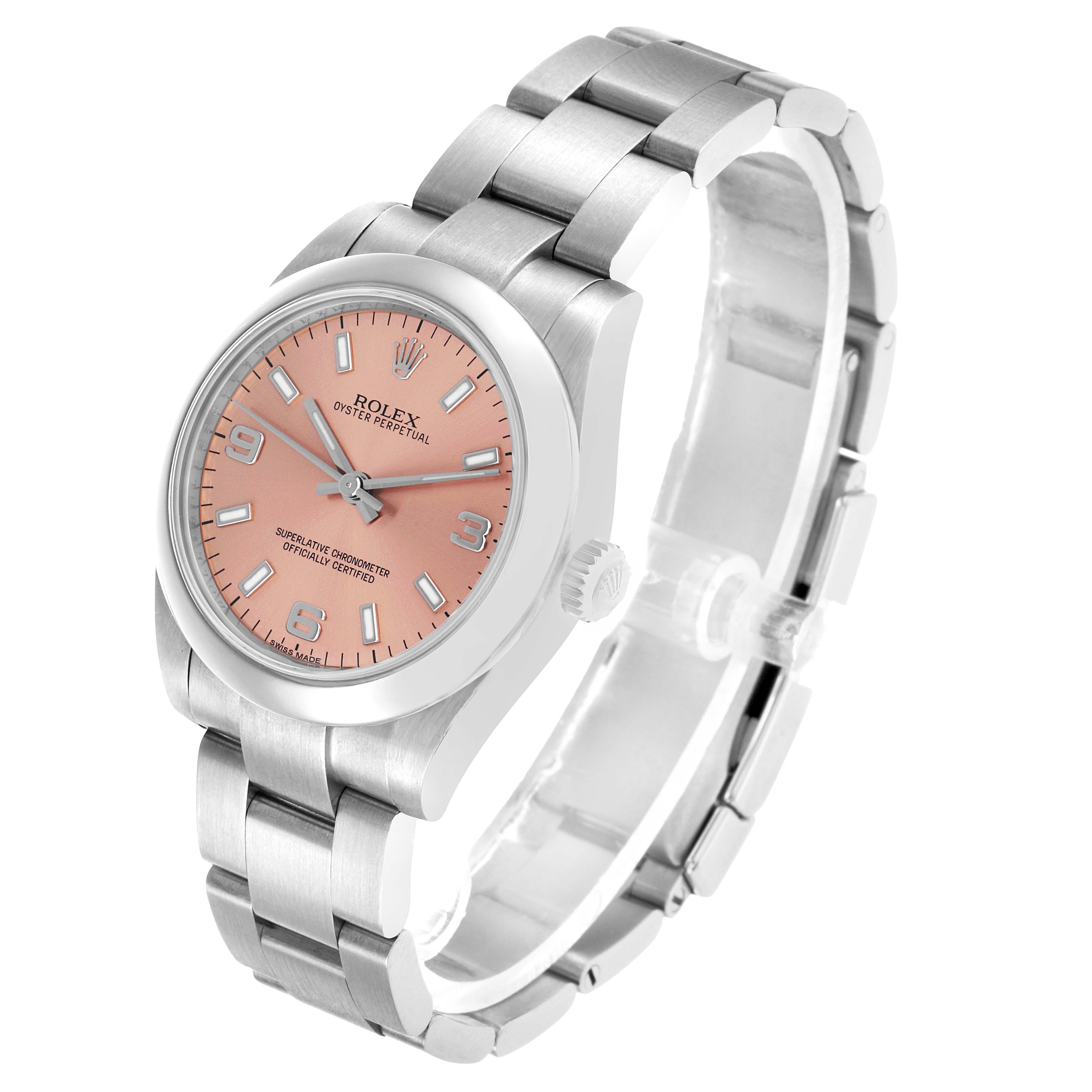 The Rolex Oyster Perpetual 177200 Women's Stainless Steel Pink Dial watch is shown at a three-quarter angle, displaying the bracelet, crown, and face with hour markers.