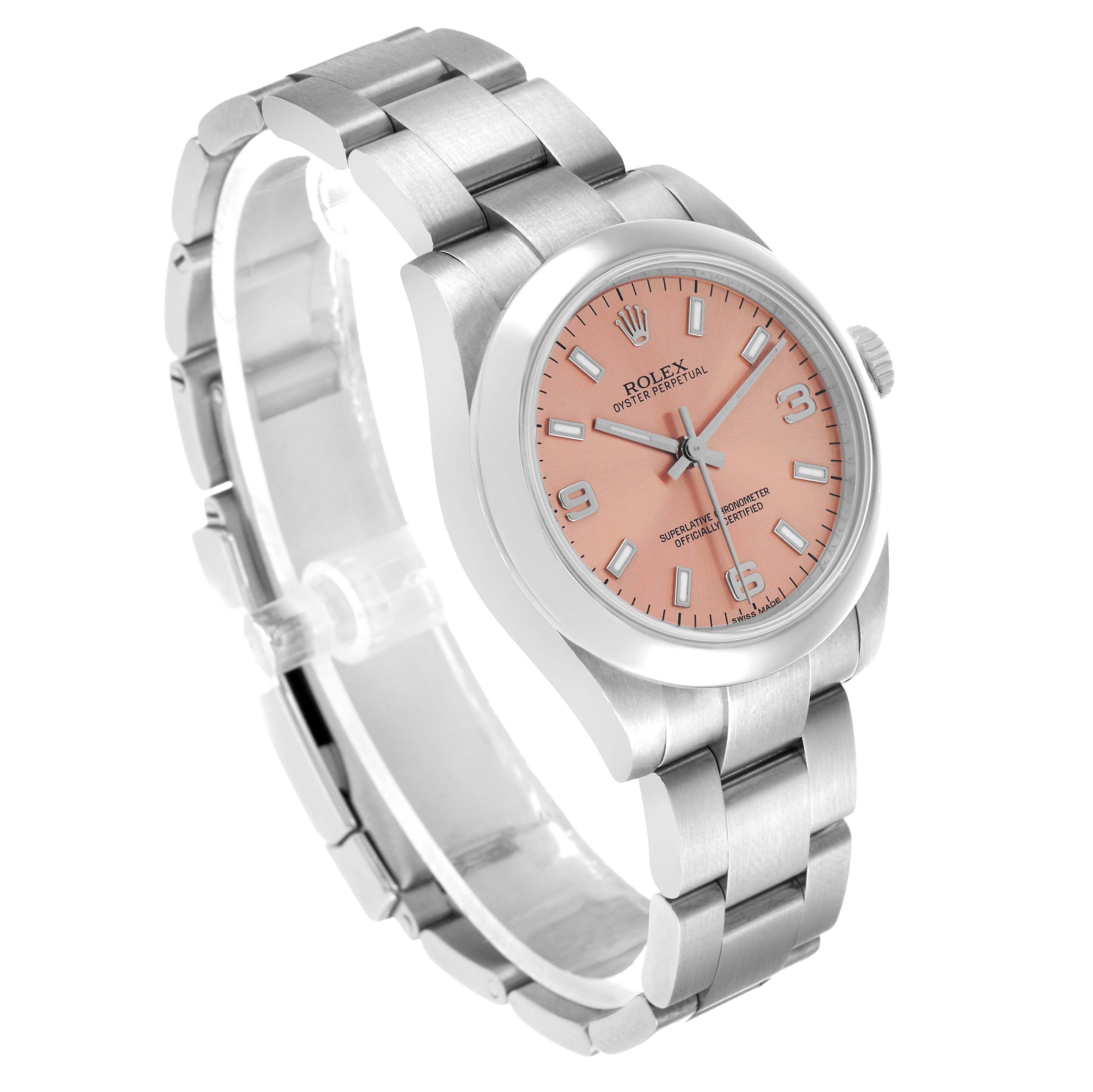 The Rolex Oyster Perpetual 177200 Women's Stainless Steel Pink Dial watch is shown at an angled view, highlighting the face, bezel, and bracelet.