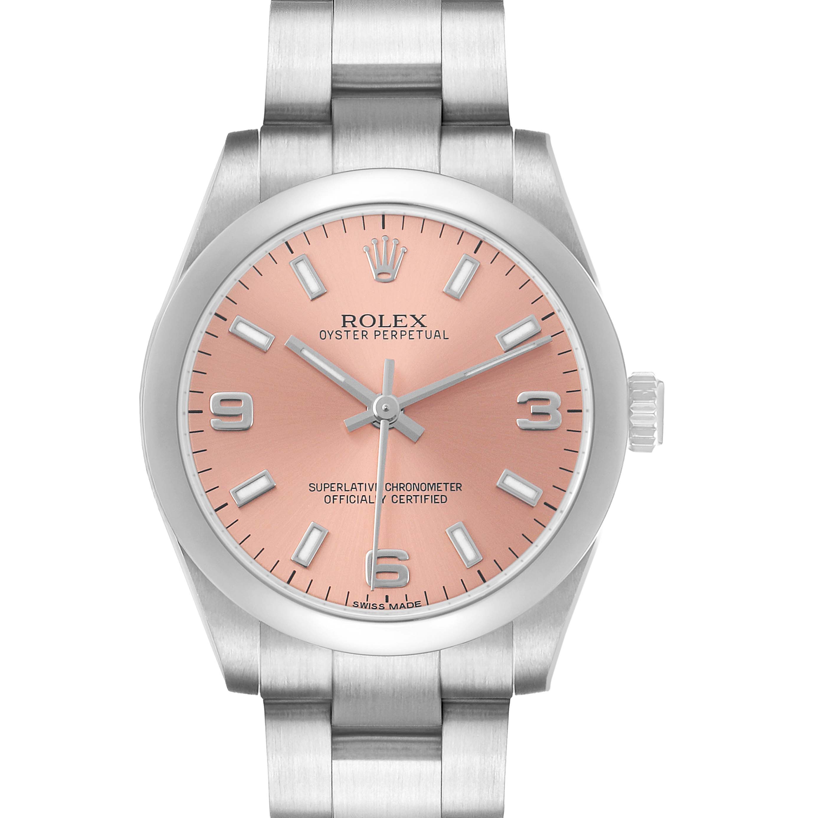 The Rolex Oyster Perpetual 177200 Women's Stainless Steel Pink Dial is shown from a top-down angle, highlighting its dial, case, and bracelet without any accessories.