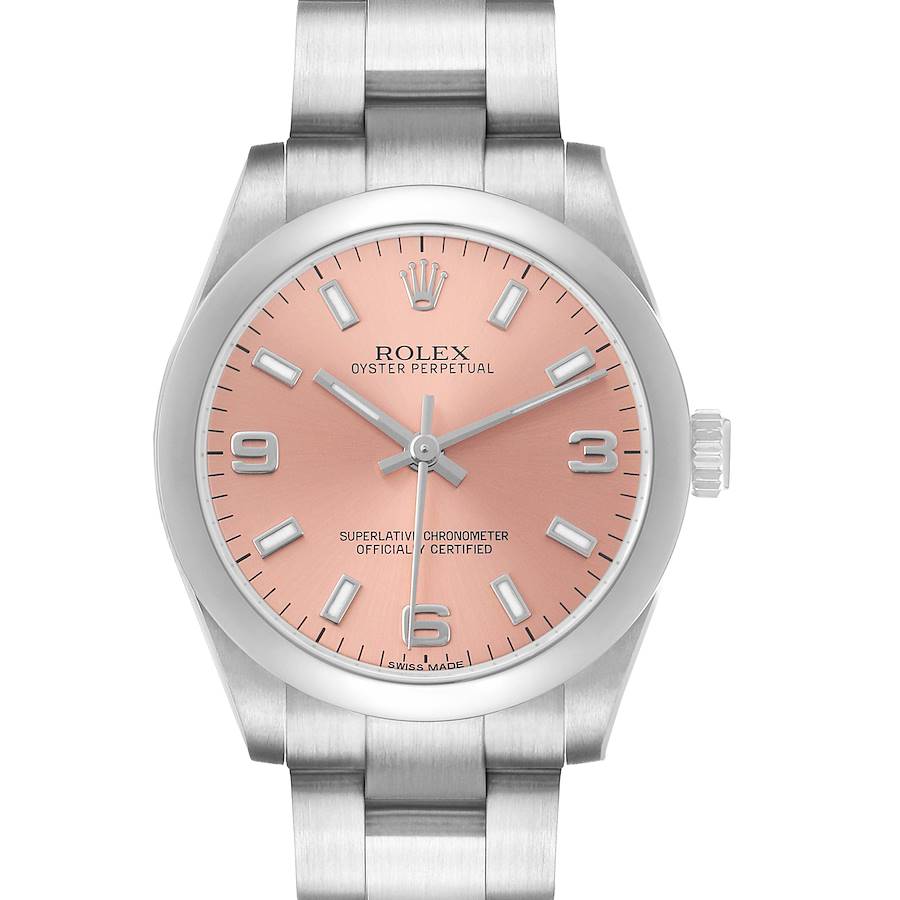 The Rolex Oyster Perpetual 177200 Women's Stainless Steel Pink Dial is shown from a top-down angle, highlighting its dial, case, and bracelet without any accessories.