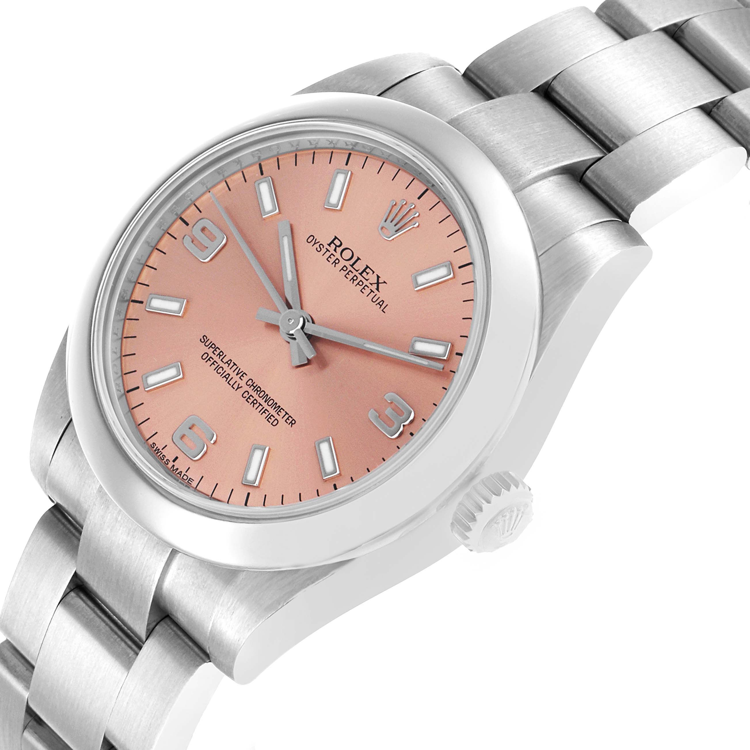 The Rolex Oyster Perpetual 177200 Women's Stainless Steel Pink Dial watch is angled to show the face, bezel, crown, and part of the bracelet.