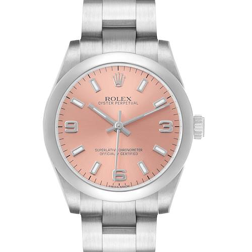 The Rolex Oyster Perpetual 177200 Women's Stainless Steel Pink Dial watch is shown from a top-down angle, highlighting its dial, case, and part of the bracelet.