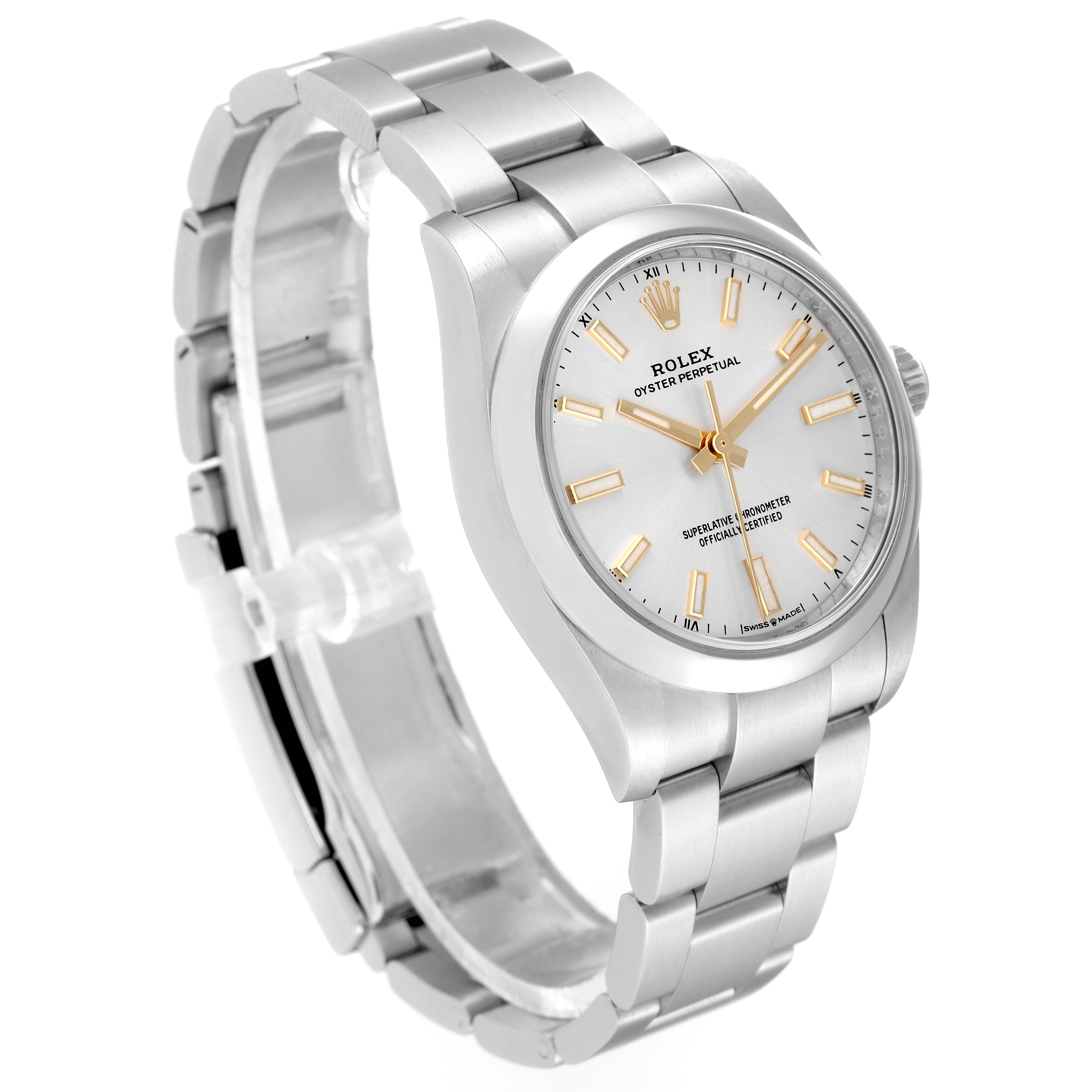 The image shows a Rolex Oyster Perpetual 124200 Men's Stainless Steel Silver Dial 124200 Men's Stainless Steel Silver Dial watch at a three-quarter angle displaying its face and bracelet.