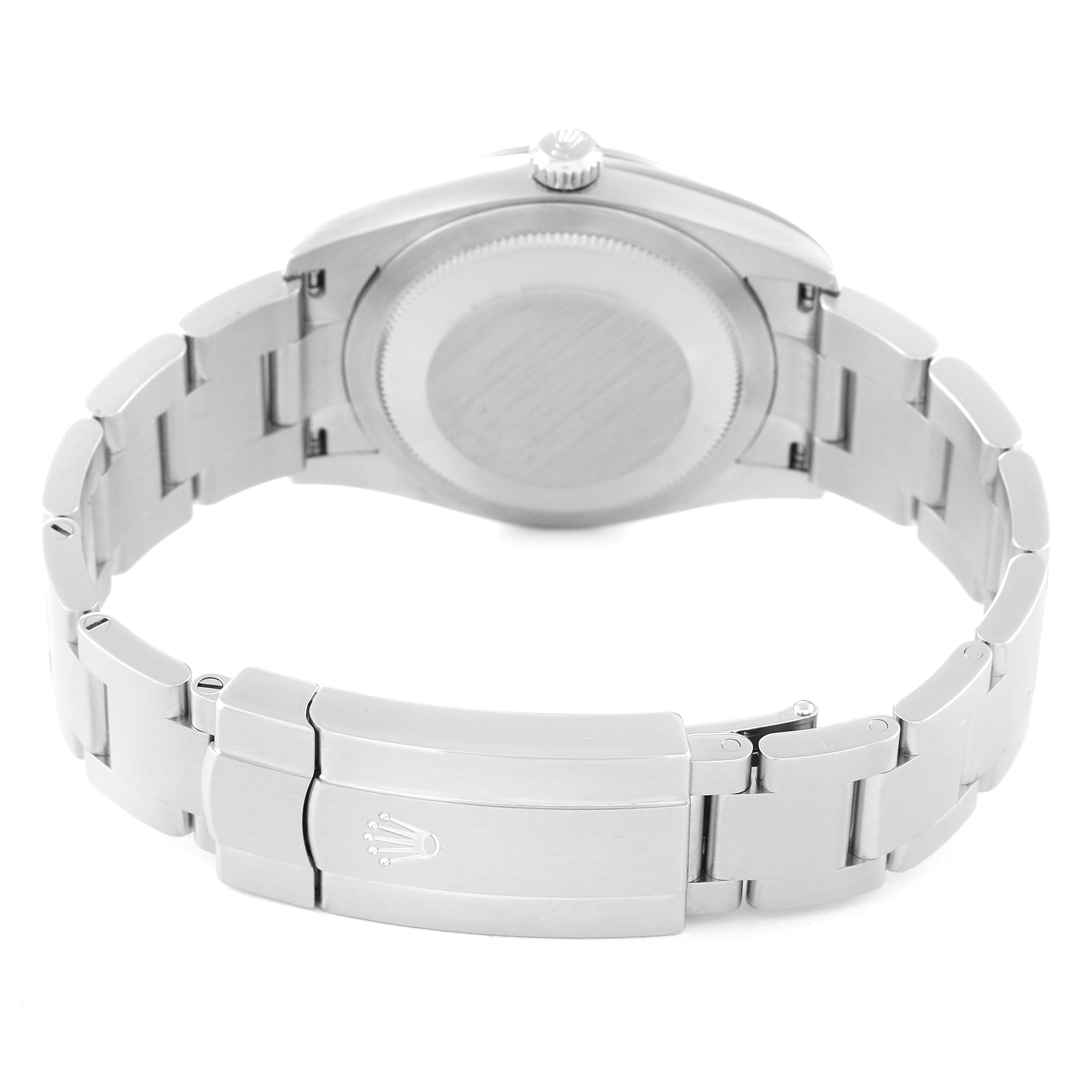 This Rolex Oyster Perpetual 124200 Men's Stainless Steel Silver Dial 124200 Men's Stainless Steel Silver Dial watch is shown from the back, displaying the caseback, crown, and bracelet with clasp.