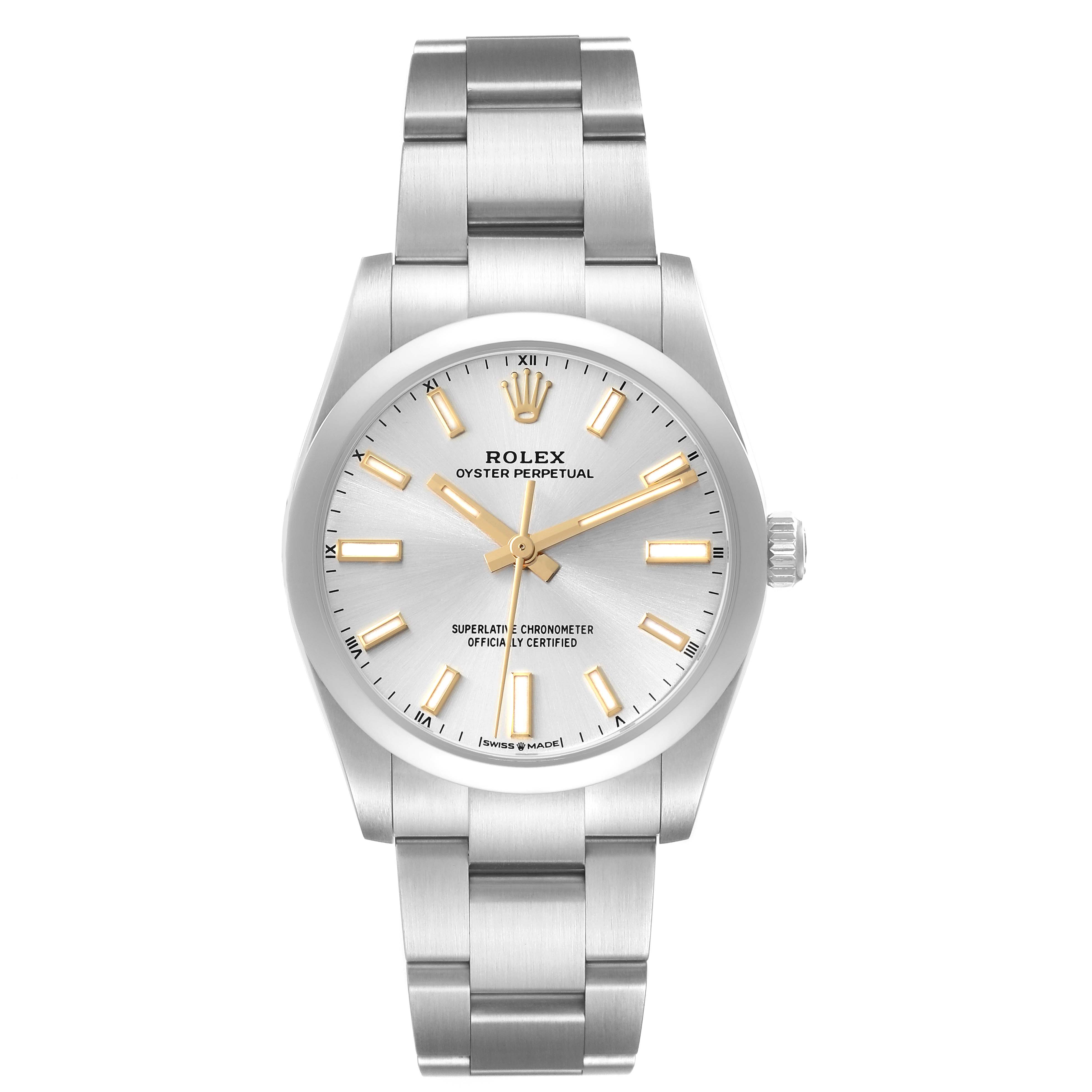 This is a front view of a Rolex Oyster Perpetual 124200 Men's Stainless Steel Silver Dial 124200 Men's Stainless Steel Silver Dial watch, showcasing the dial, case, and bracelet.