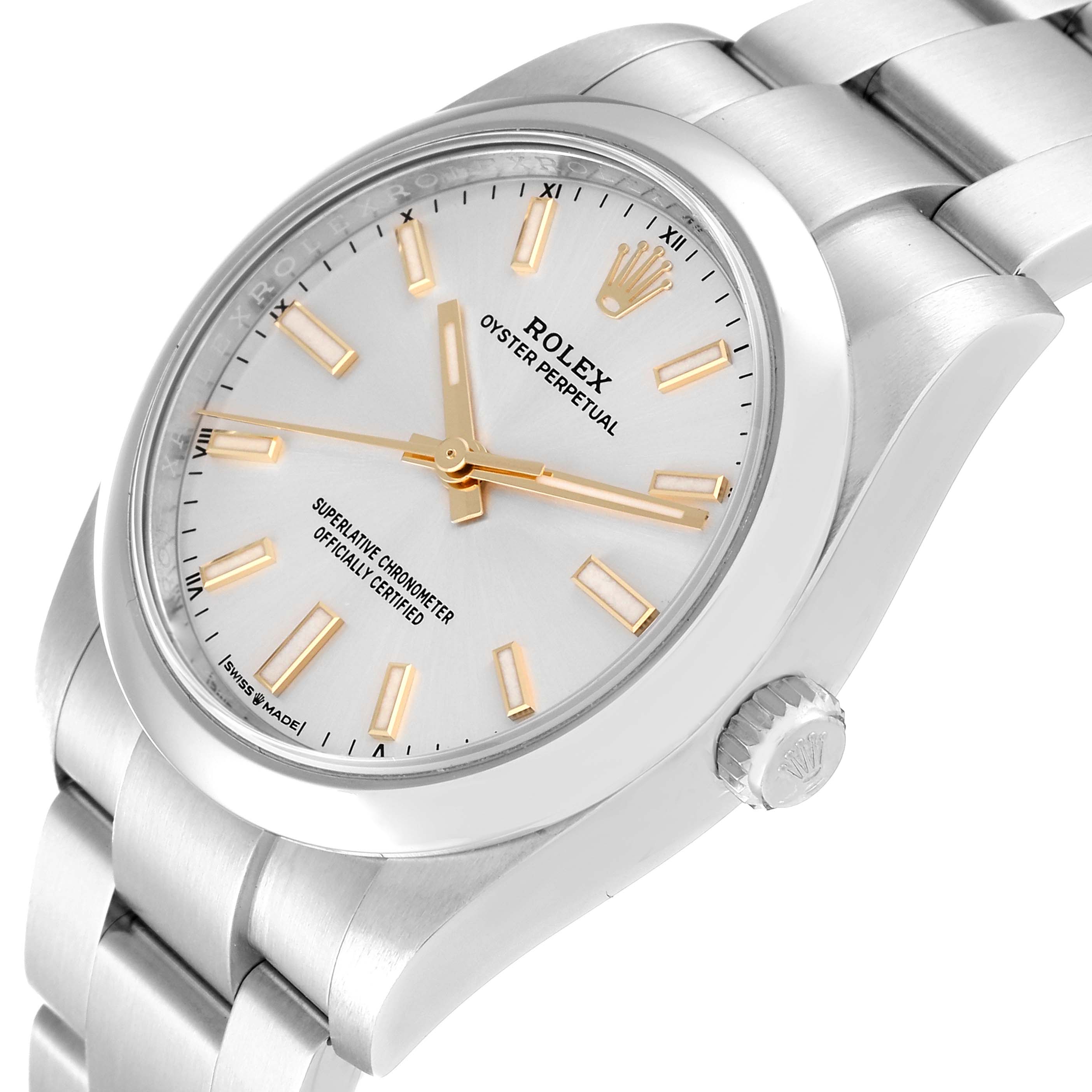 The image shows a Rolex Oyster Perpetual 124200 Men's Stainless Steel Silver Dial 124200 Men's Stainless Steel Silver Dial watch from a tilted angle, highlighting the dial, crown, and part of the bracelet.