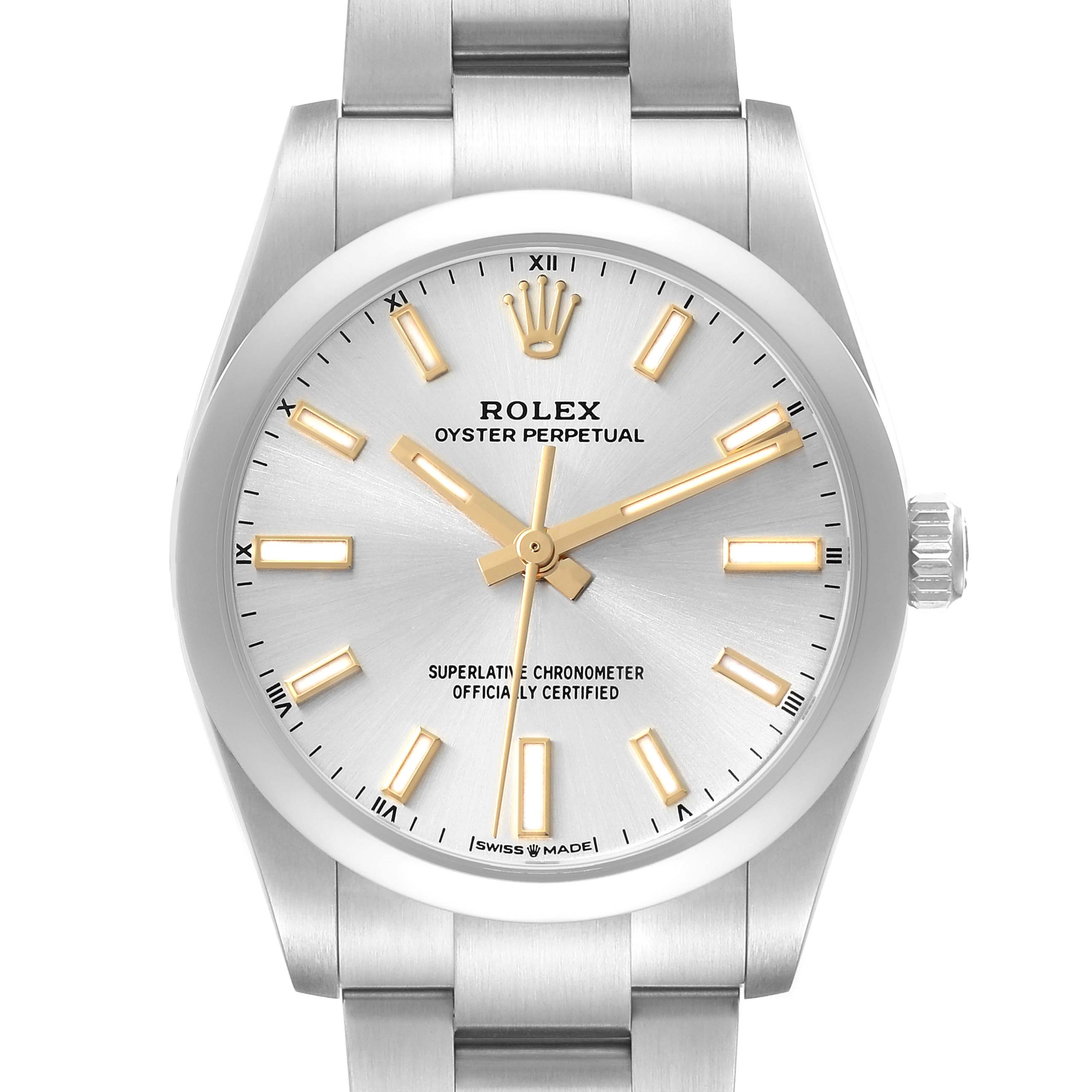 This Rolex Oyster Perpetual 124200 Men's Stainless Steel Silver Dial 124200 Men's Stainless Steel Silver Dial watch is shown from the front, displaying the dial, hour markers, hands, and part of the bracelet.