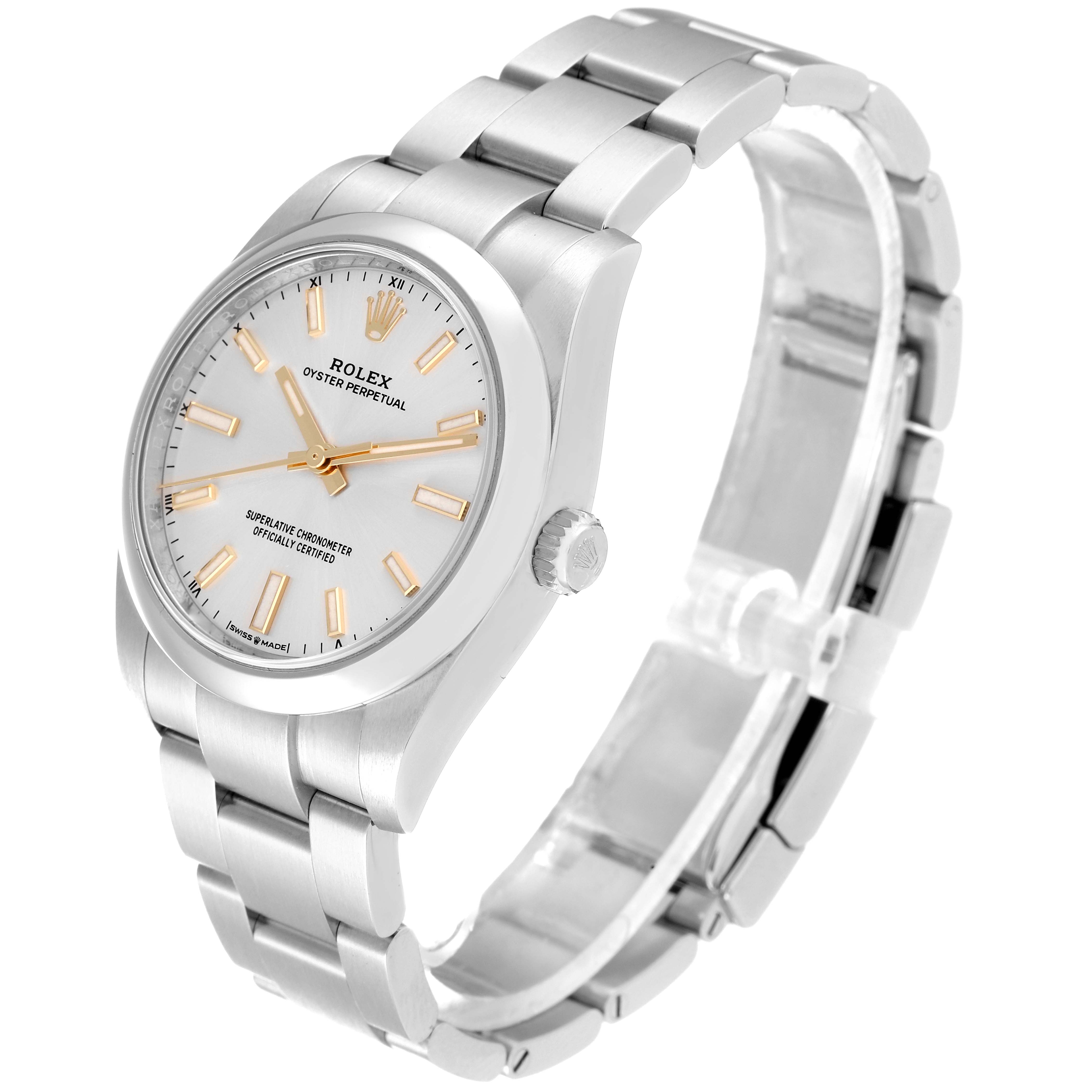 The Rolex Oyster Perpetual 124200 Men's Stainless Steel Silver Dial 124200 Men's Stainless Steel Silver Dial watch is shown at a slight angle displaying the face, bezel, crown, and bracelet.