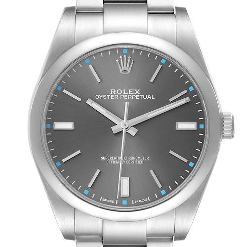 The Rolex Oyster Perpetual 114300 Men's Stainless Steel Silver Dial watch is shown from a frontal angle, highlighting the dial, crown, and bracelet.