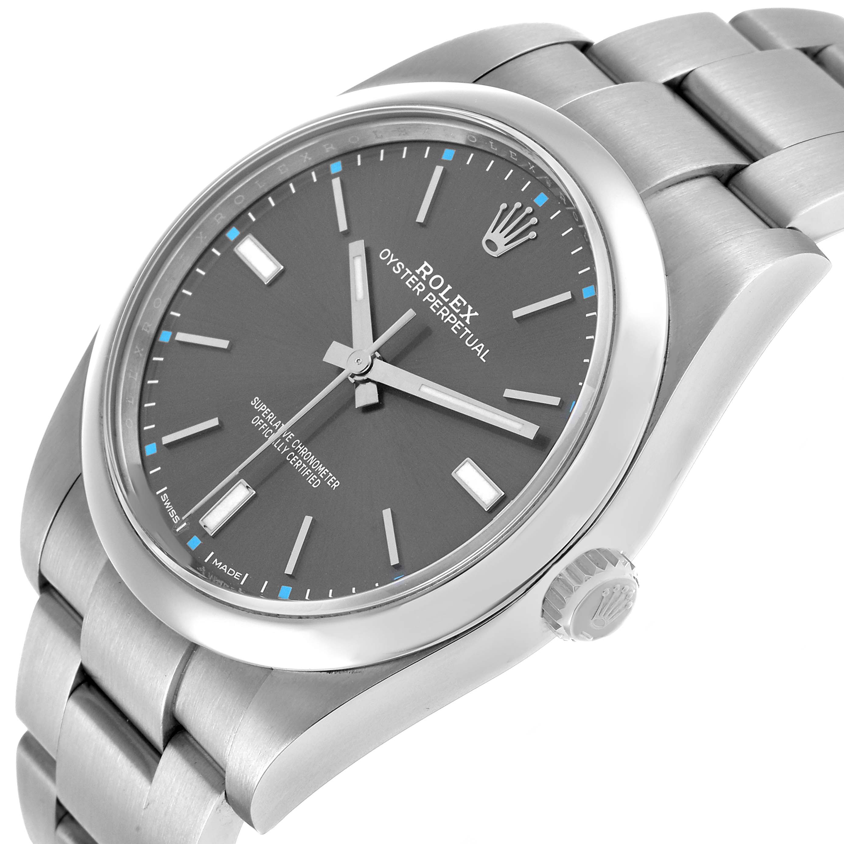 The Rolex Oyster Perpetual 114300 Men's Stainless Steel Silver Dial watch is shown at an angle highlighting the dial, case, crown, and part of the bracelet.