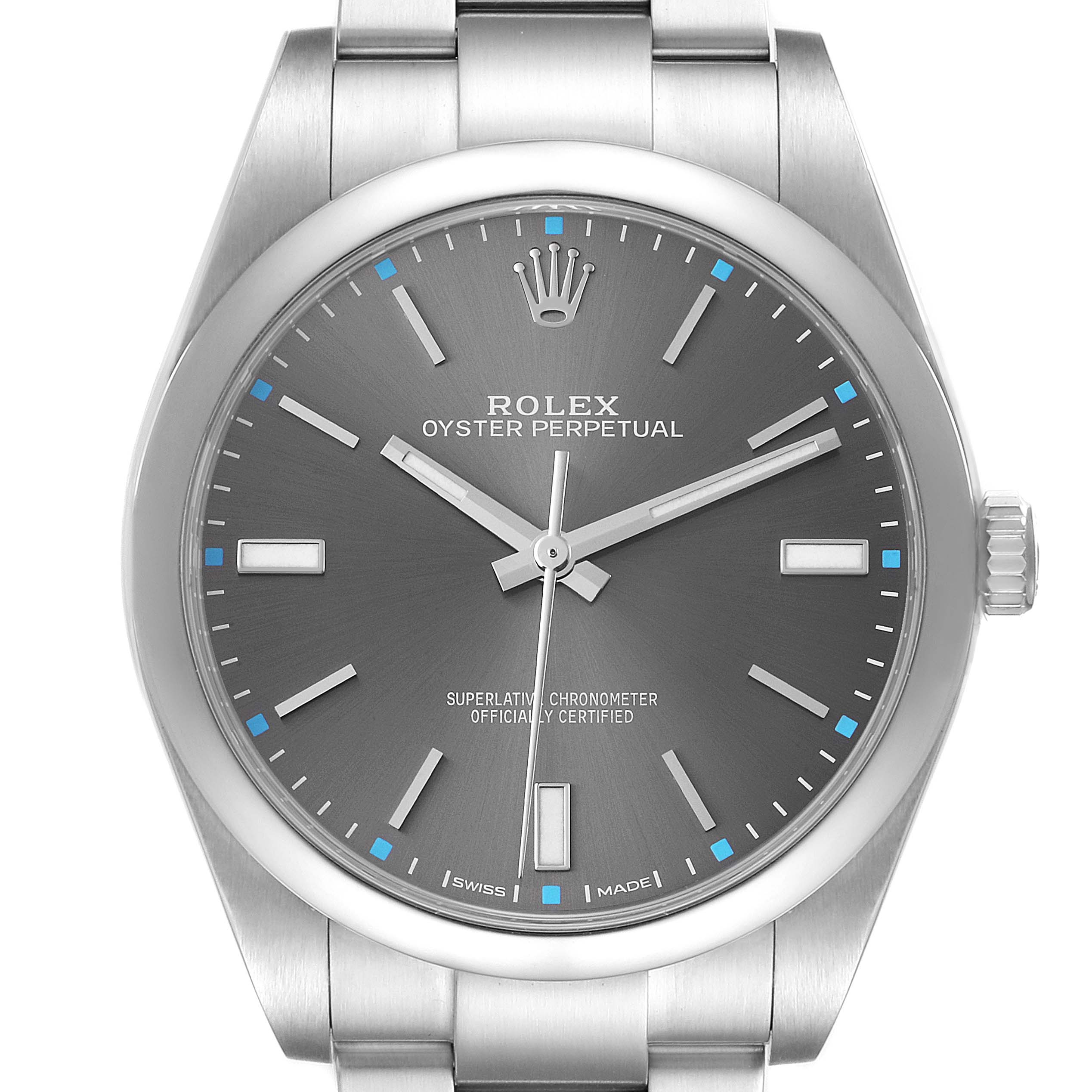 The Rolex Oyster Perpetual 114300 Men's Stainless Steel Silver Dial watch is shown from a front angle, displaying the dial, markers, hands, and part of the bracelet.