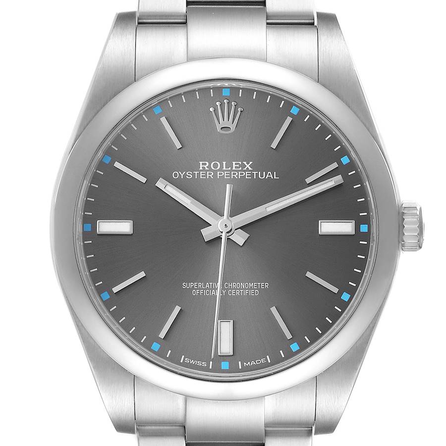 The Rolex Oyster Perpetual 114300 Men's Stainless Steel Silver Dial watch is shown from a front angle, displaying the dial, markers, hands, and part of the bracelet.