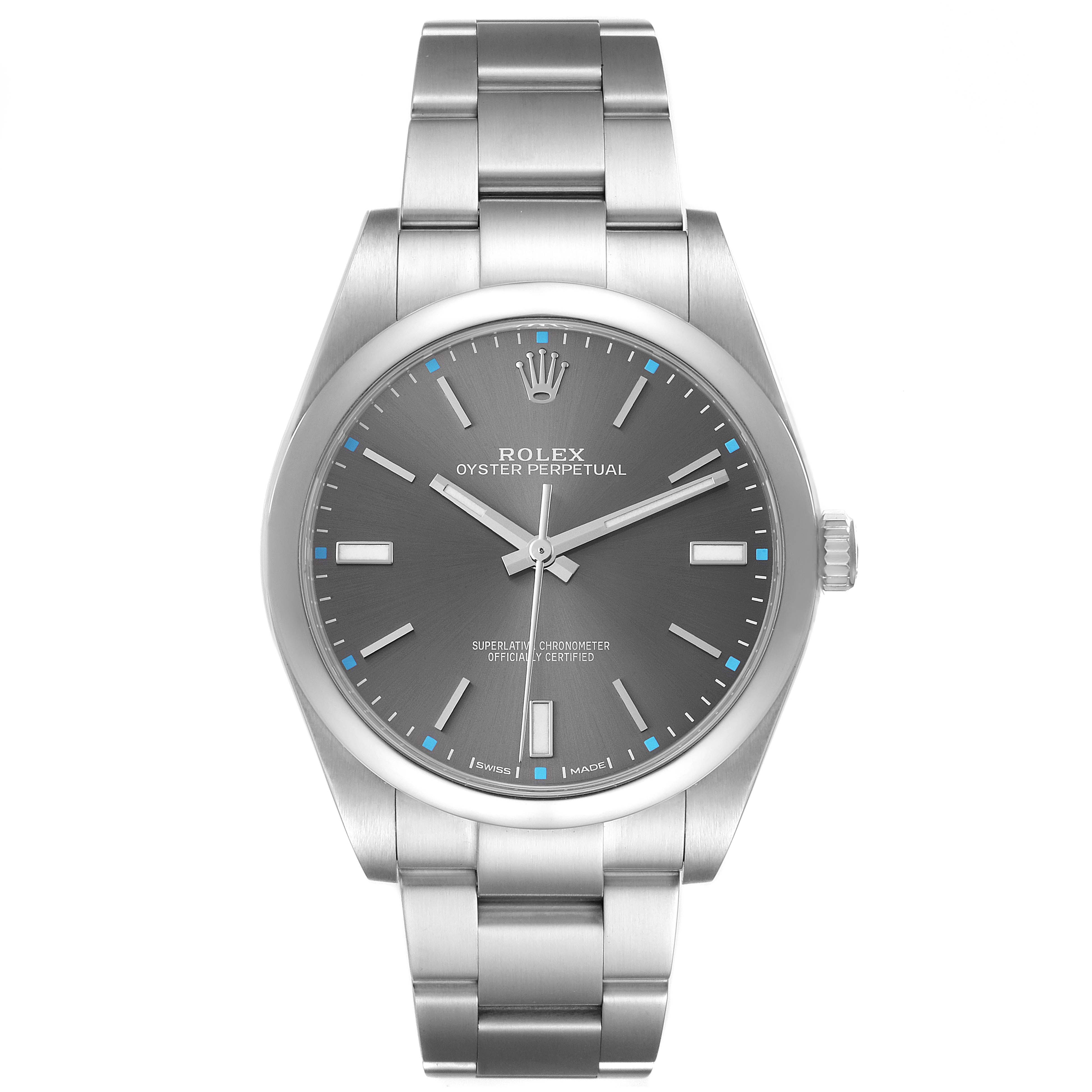 The Rolex Oyster Perpetual 114300 Men's Stainless Steel Silver Dial watch is shown from a front view, highlighting the face, bezel, and bracelet.
