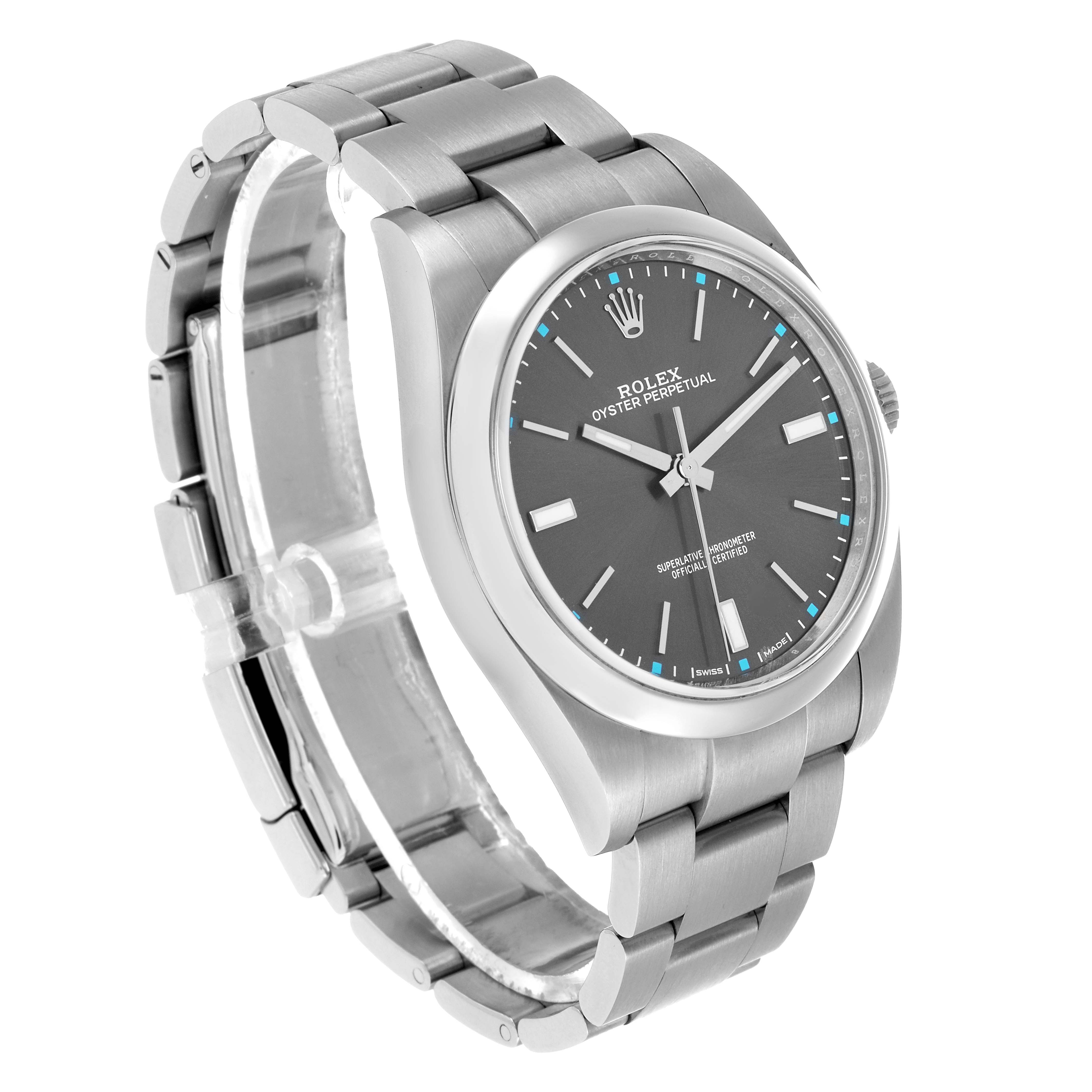 The Rolex Oyster Perpetual 114300 Men's Stainless Steel Silver Dial watch is shown at a three-quarter angle, highlighting the face, bezel, and part of the bracelet.