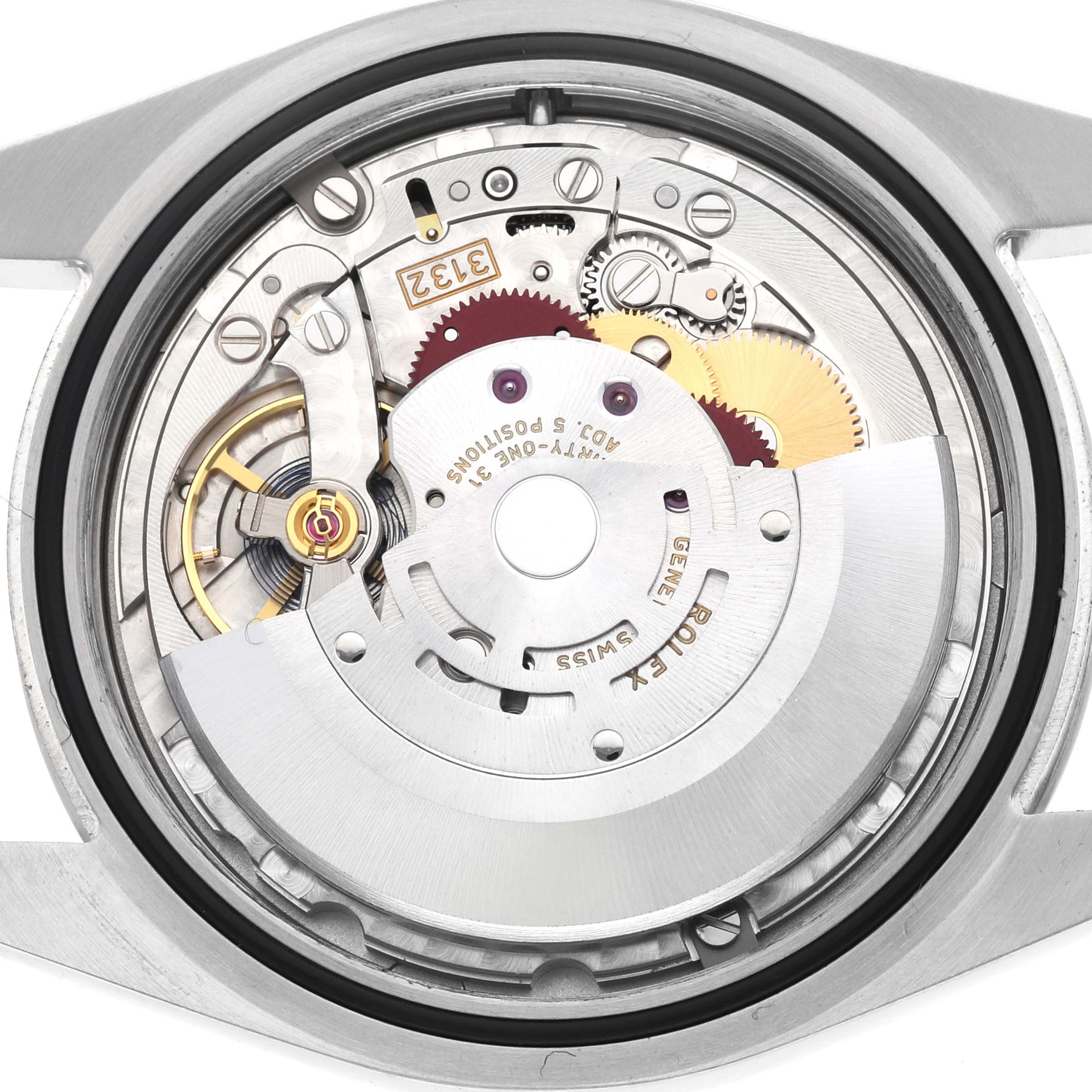 The image shows the exposed movement and rotor of a Rolex Oyster Perpetual 114300 Men's Stainless Steel Silver Dial watch from a top-down angle.