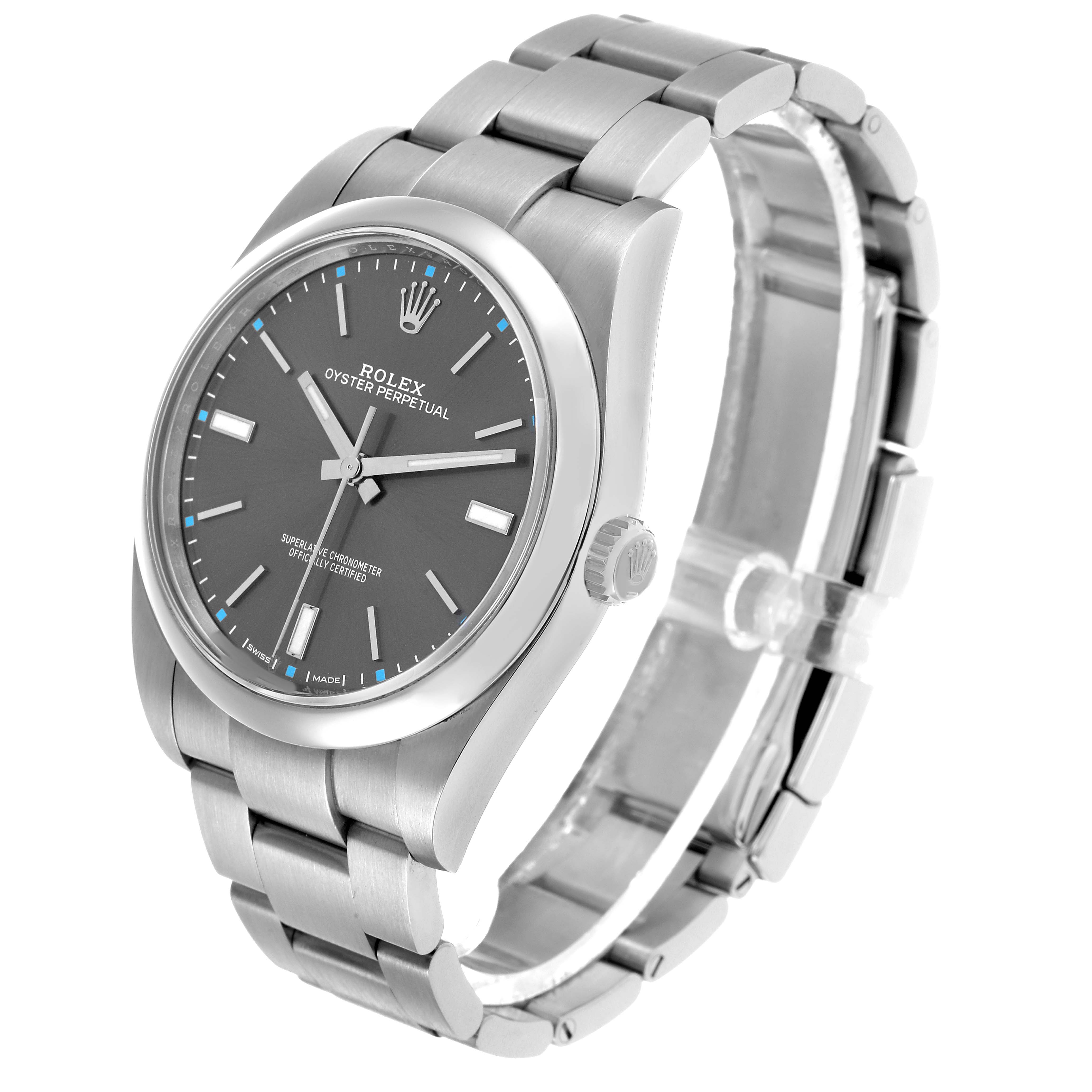 The Rolex Oyster Perpetual 114300 Men's Stainless Steel Silver Dial watch is angled to show the face, bezel, crown, and a portion of the bracelet.