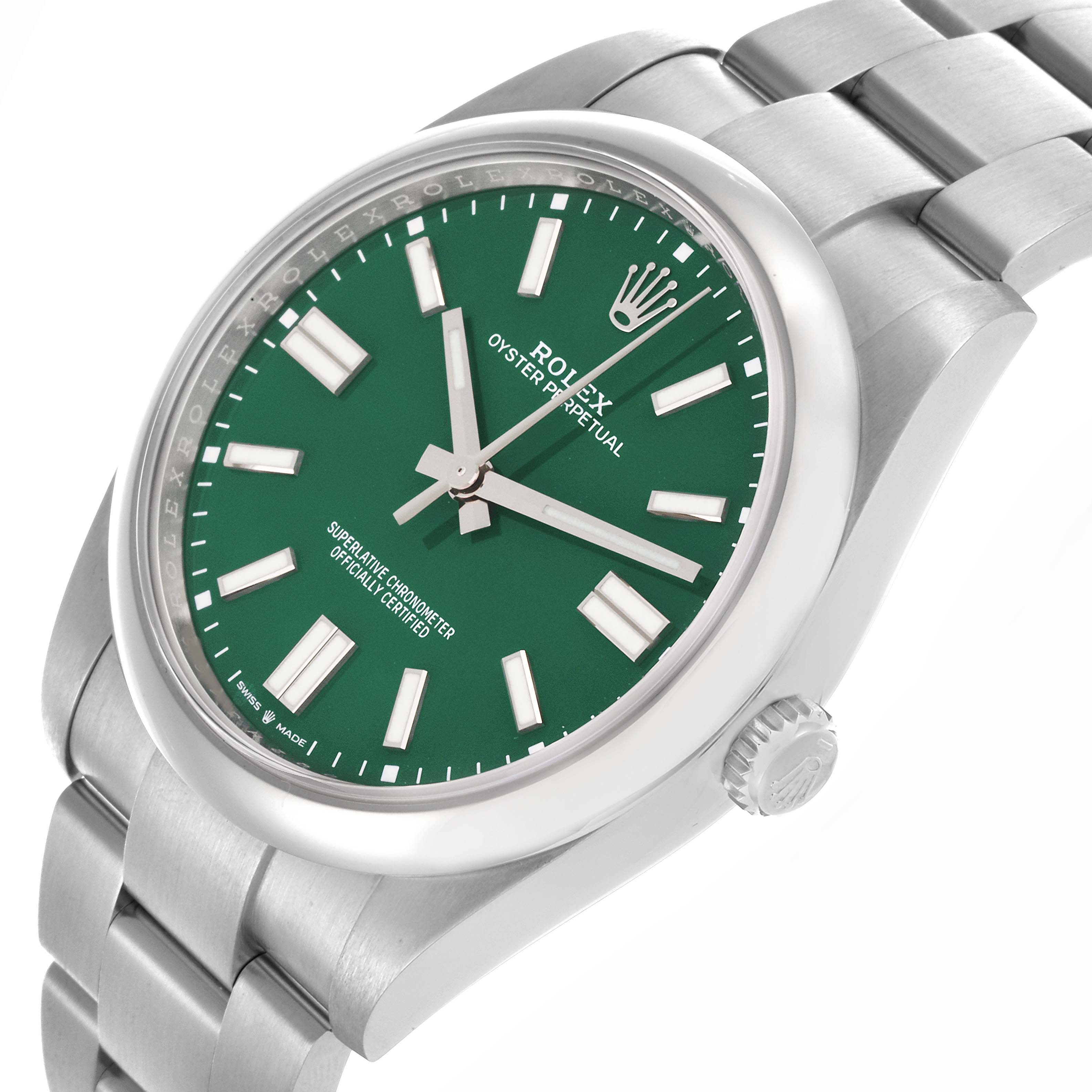 The Rolex Oyster Perpetual 124300 Men's Stainless Steel Green Dial 124300 Men's Stainless Steel Green Dial watch is shown at a three-quarter angle, highlighting the green dial, case, and bracelet.