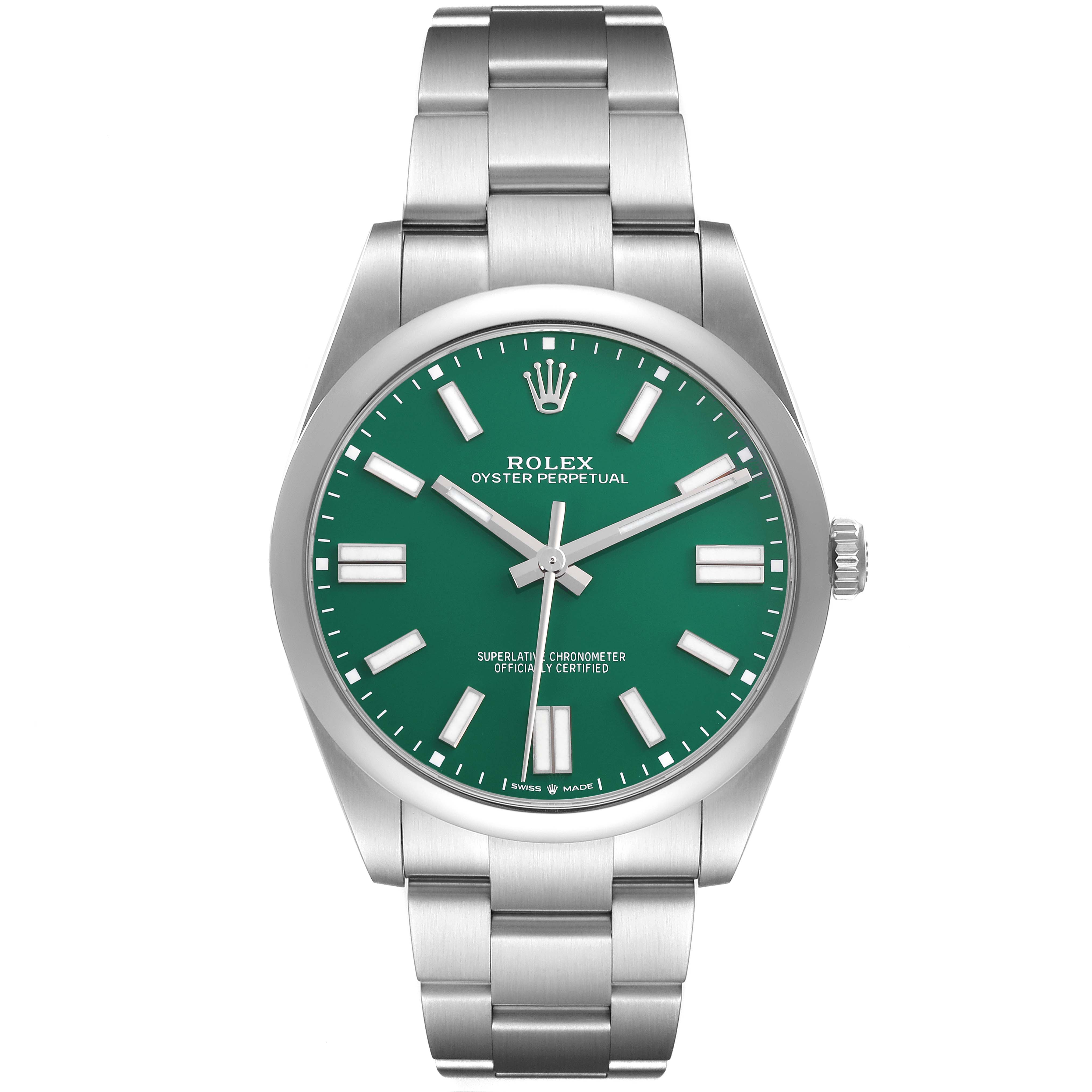 The image shows a front view of the Rolex Oyster Perpetual 124300 Men's Stainless Steel Green Dial 124300 Men's Stainless Steel Green Dial watch, displaying the dial, case, bezel, and bracelet.