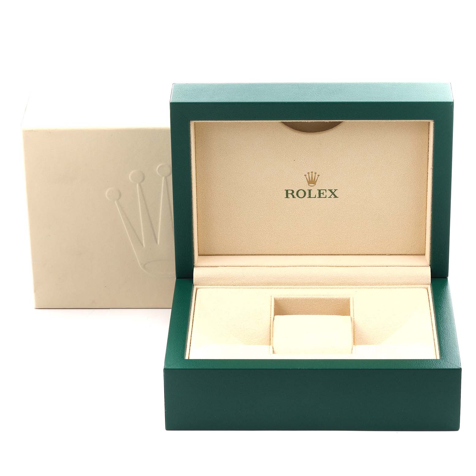 The image shows the open box of a Rolex Oyster Perpetual 124300 Men's Stainless Steel Green Dial 124300 Men's Stainless Steel Green Dial, featuring the interior and exterior packaging.