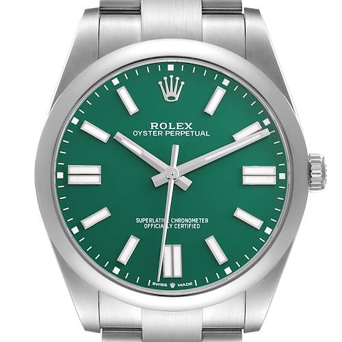 The Rolex Oyster Perpetual watch is shown from the front, displaying the green dial, hour markers, hands, case, and part of the bracelet.