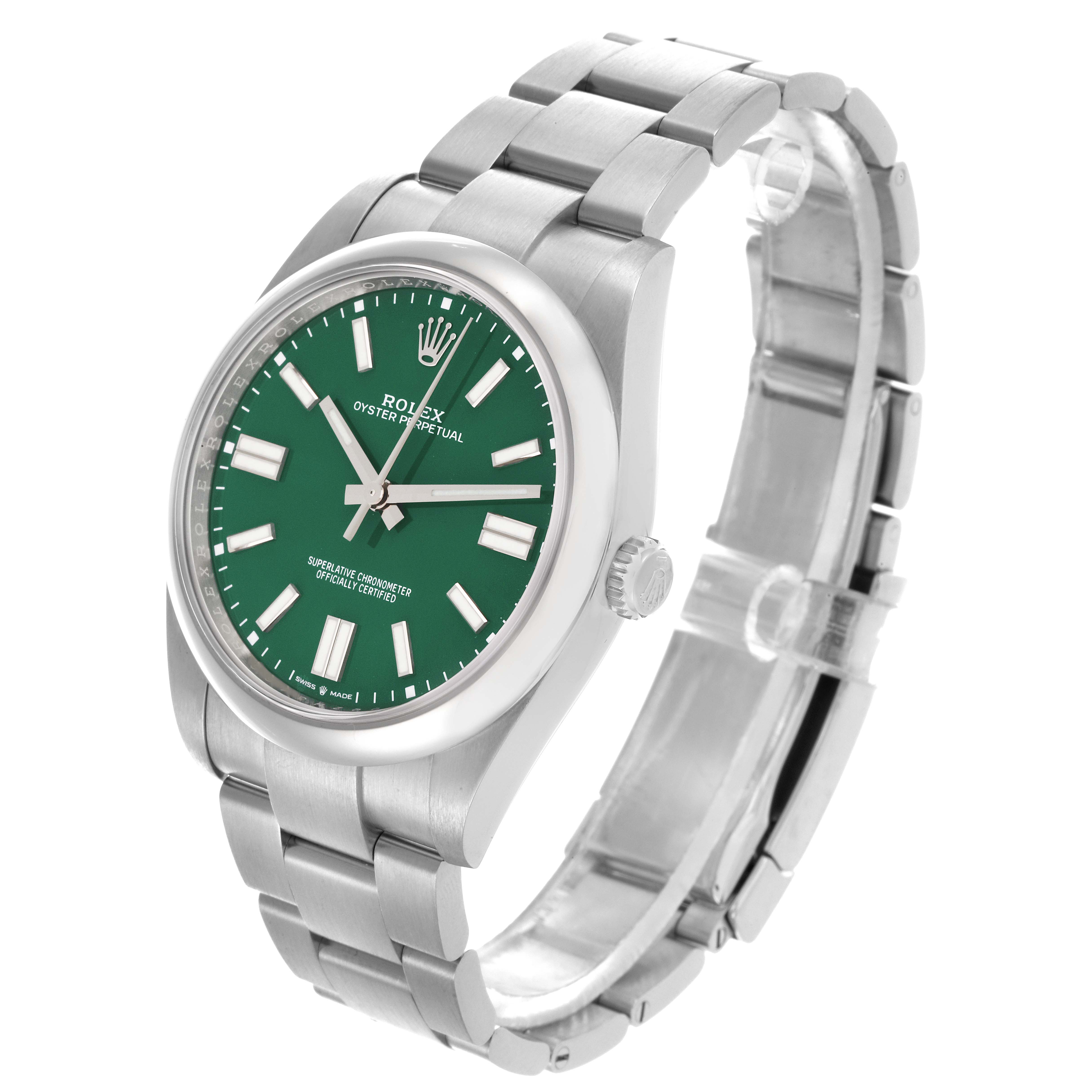 The Rolex Oyster Perpetual 124300 Men's Stainless Steel Green Dial 124300 Men's Stainless Steel Green Dial watch is shown at a three-quarter angle, displaying the green dial, bezel, and bracelet.