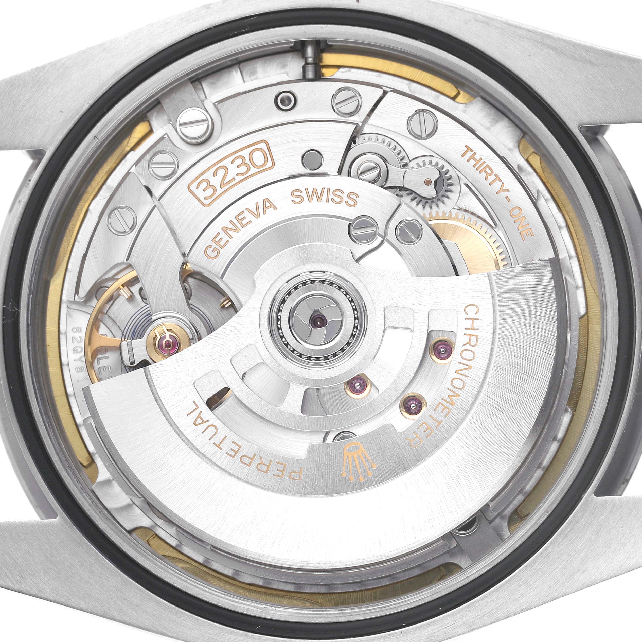 The image shows the movement mechanism of the Rolex Oyster Perpetual 124300 Men's Stainless Steel Green Dial 124300 Men's Stainless Steel Green Dial from a rear angle.