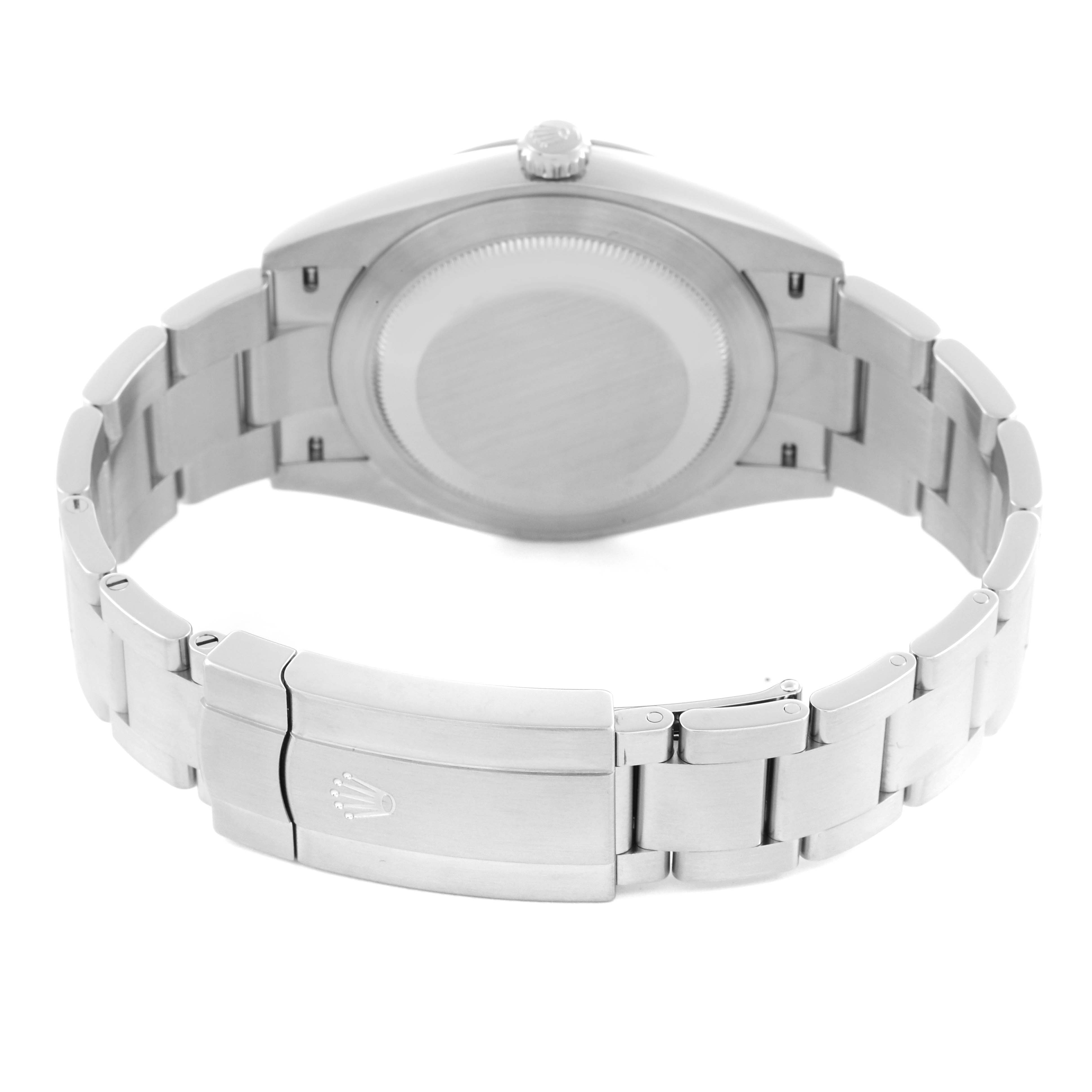 The Rolex Oyster Perpetual 124300 Men's Stainless Steel Green Dial 124300 Men's Stainless Steel Green Dial watch is shown from the back, featuring the case back and metal bracelet with the clasp visible.