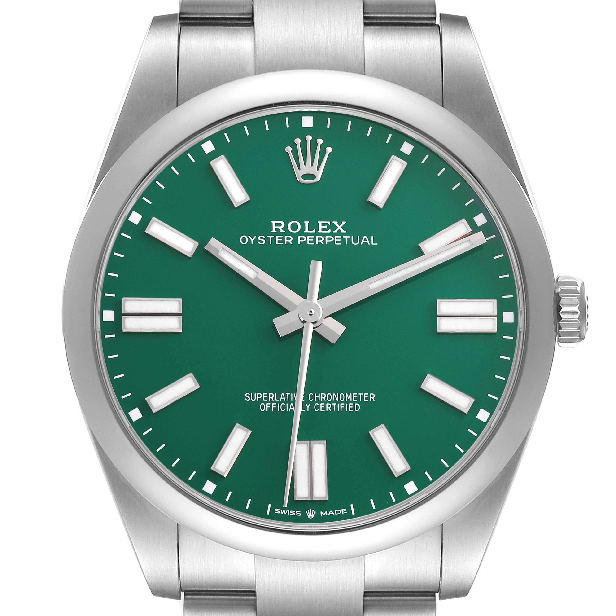 The Rolex Oyster Perpetual 124300 Men's Stainless Steel Green Dial 124300 Men's Stainless Steel Green Dial watch is shown from the front, displaying the green dial, markers, crown, and part of the bracelet.