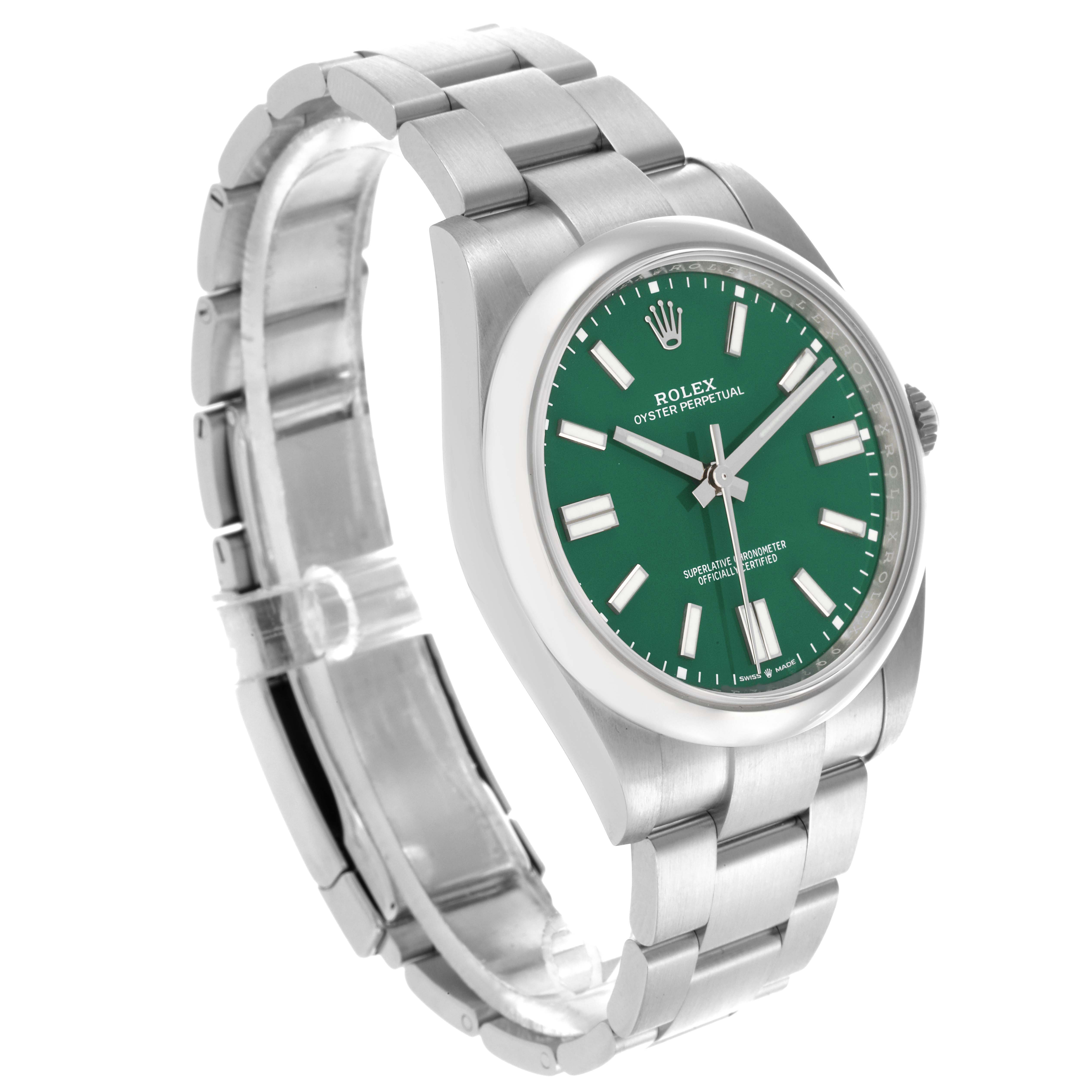 The Rolex Oyster Perpetual 124300 Men's Stainless Steel Green Dial 124300 Men's Stainless Steel Green Dial watch is shown at a three-quarter angle, displaying its green dial and stainless steel bracelet.