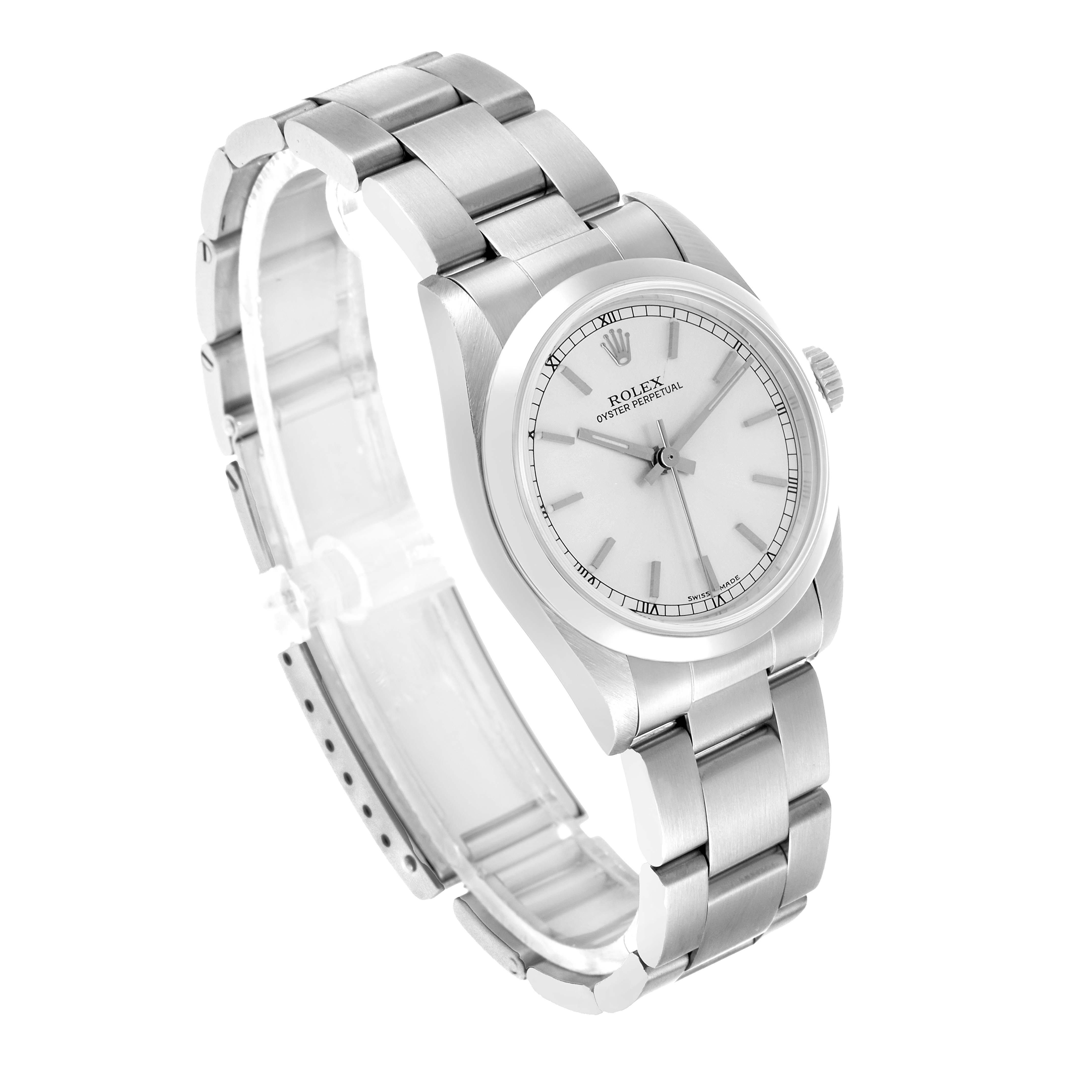 The Rolex Oyster Perpetual 77080 Women's Stainless Steel Silver Dial watch is shown at a three-quarter angle, highlighting the bracelet and watch face.