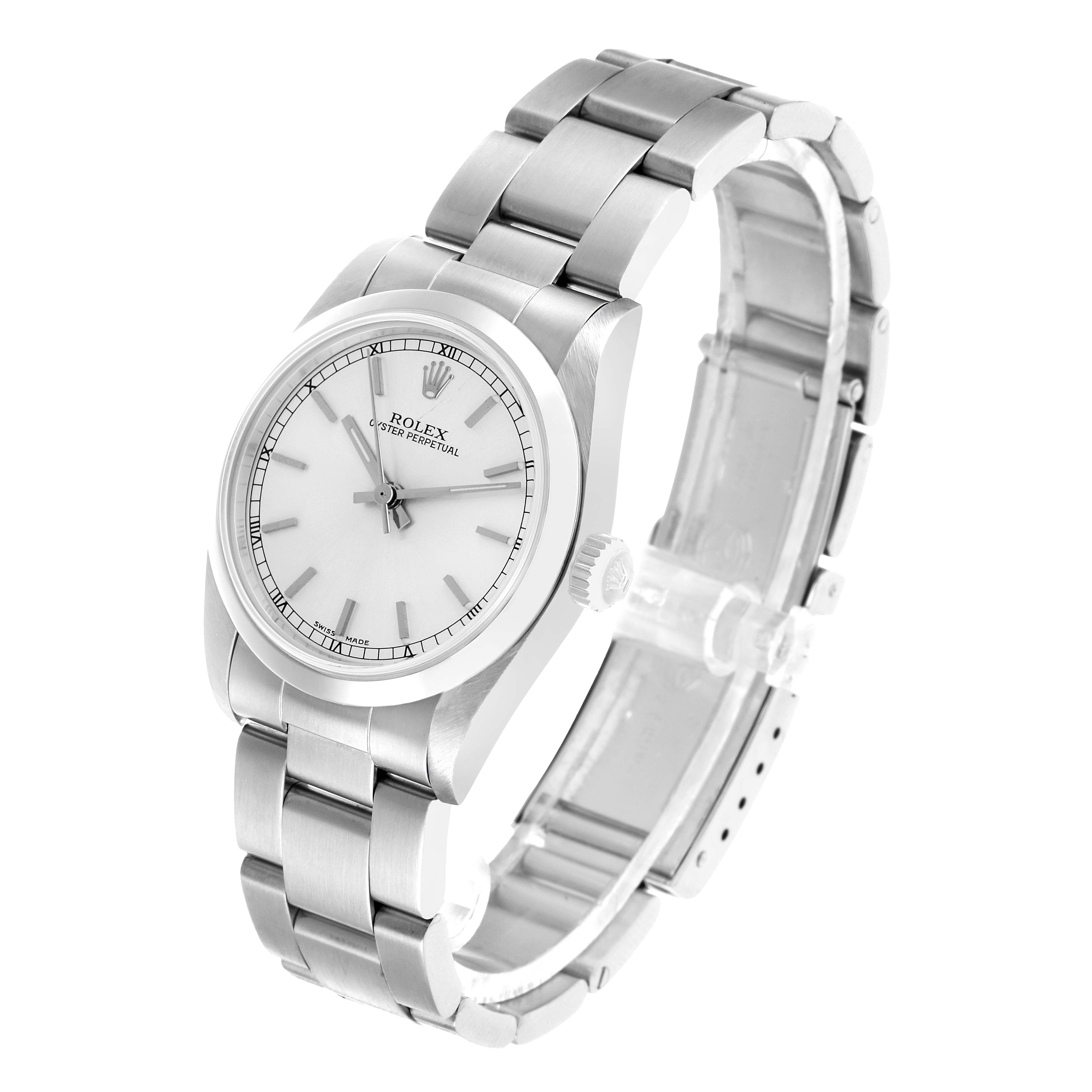 The Rolex Oyster Perpetual 77080 Women's Stainless Steel Silver Dial watch is shown at an angled view, highlighting the watch face, case, and bracelet.