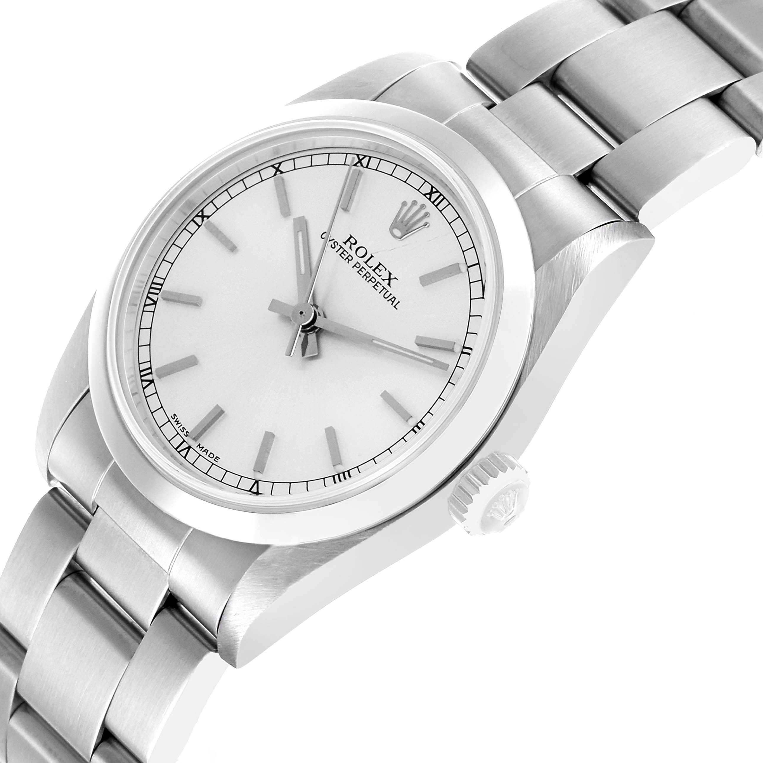 The Rolex Oyster Perpetual 77080 Women's Stainless Steel Silver Dial watch is shown at a side angle, highlighting the dial, crown, and bracelet links.