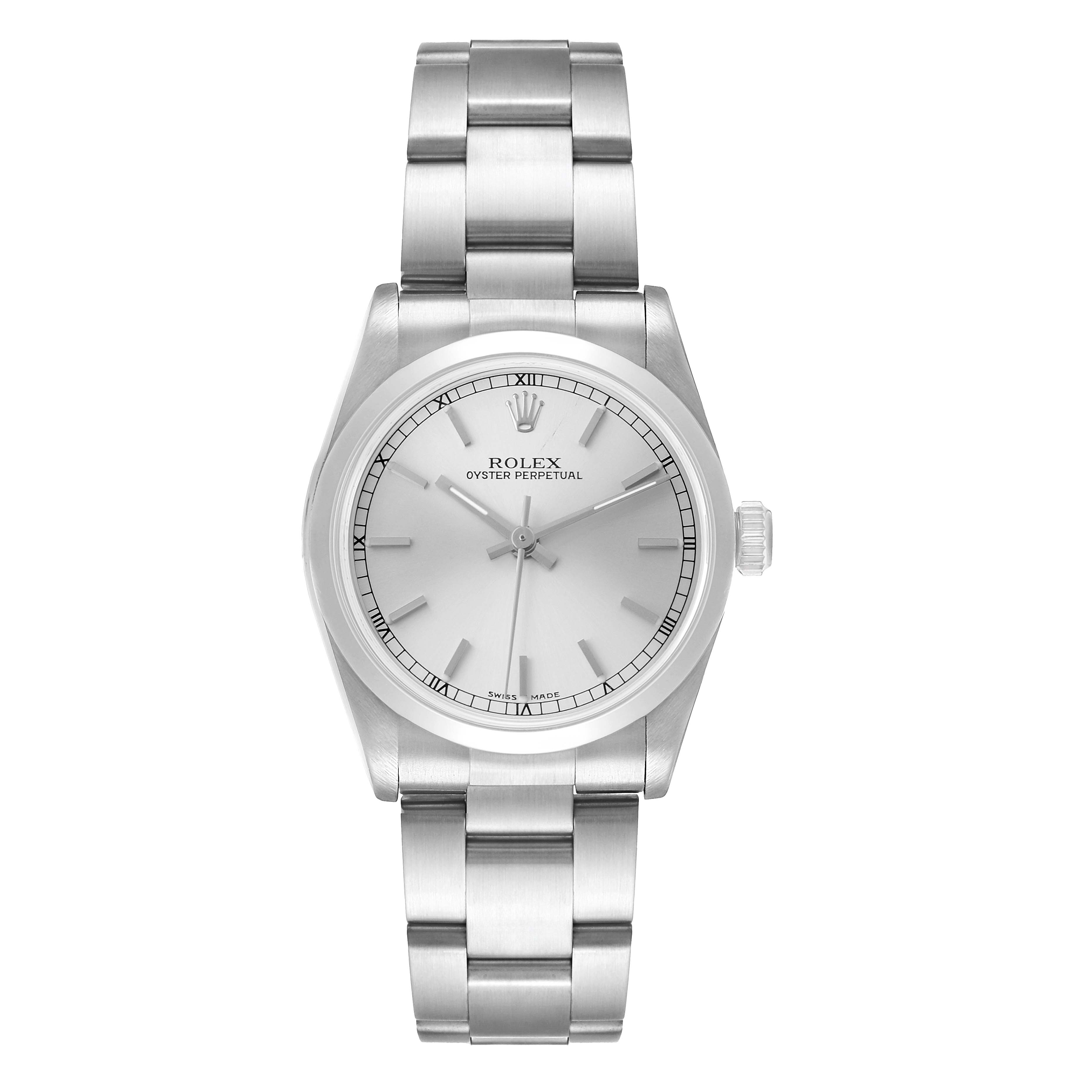 The image shows a frontal view of a Rolex Oyster Perpetual 77080 Women's Stainless Steel Silver Dial watch, highlighting its dial, case, and bracelet.