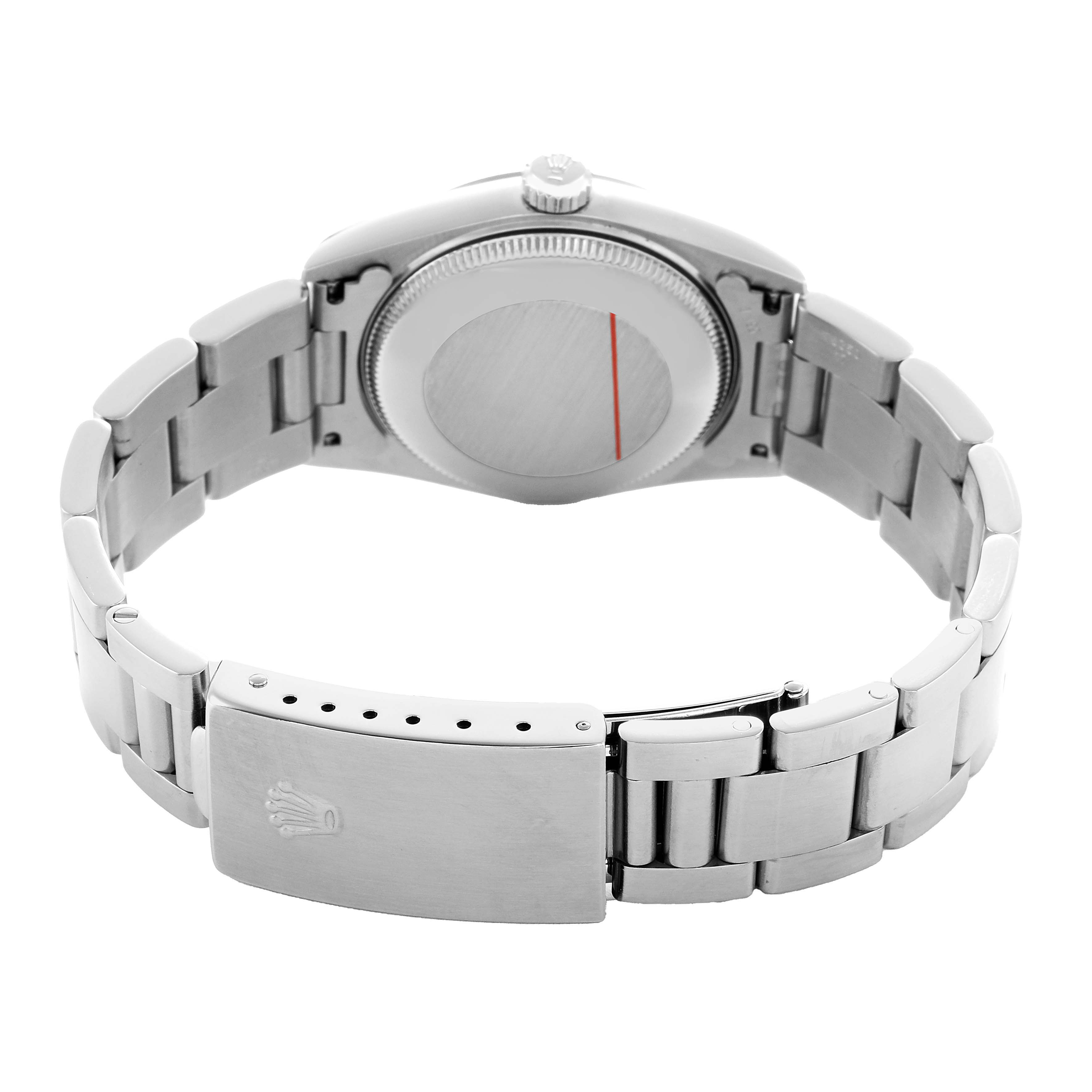 The image shows the back of a Rolex Oyster Perpetual 77080 Women's Stainless Steel Silver Dial watch, including the case back and bracelet with the clasp.