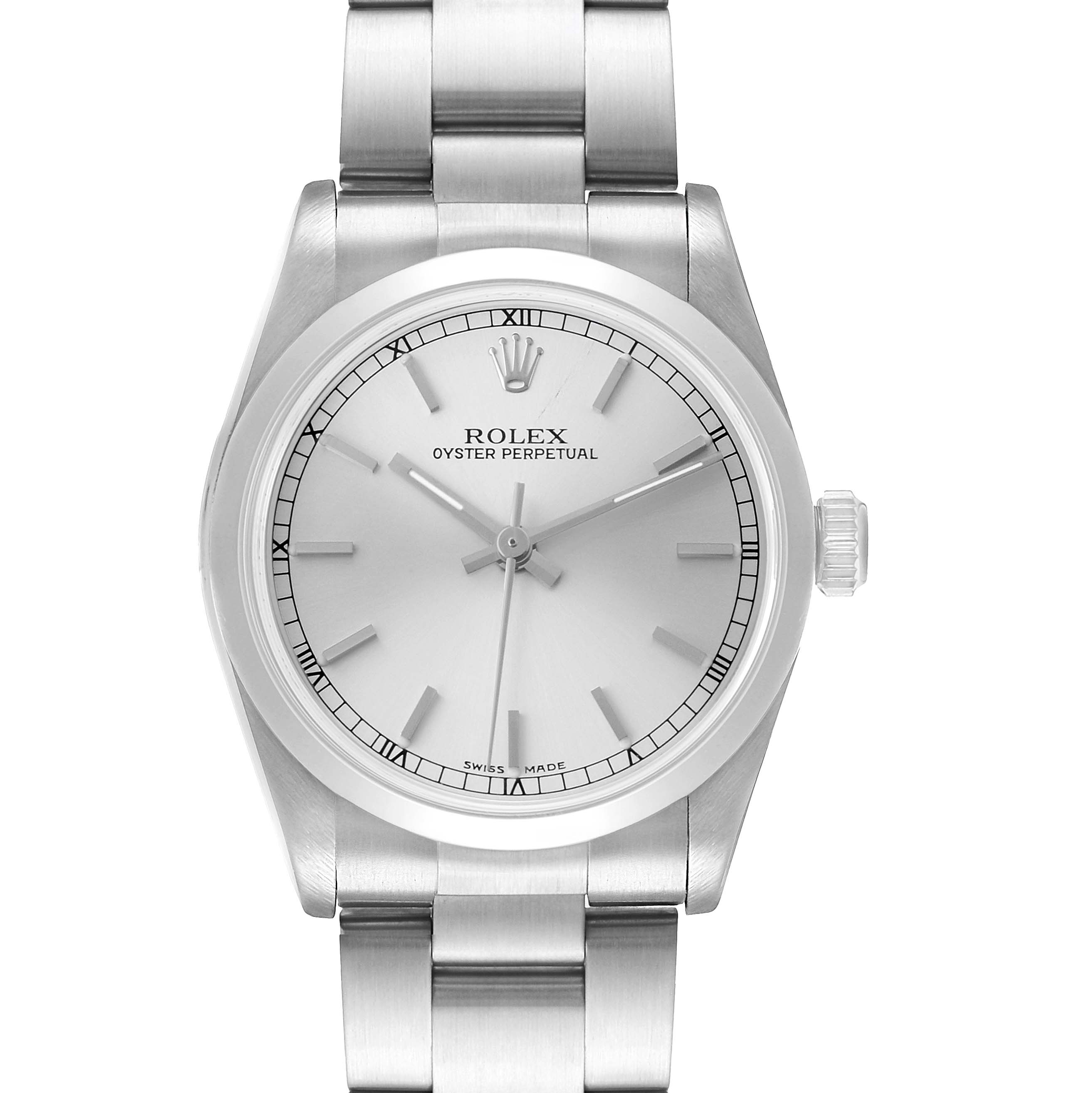 The Rolex Oyster Perpetual 77080 Women's Stainless Steel Silver Dial watch is shown from a frontal angle, highlighting its dial, case, and bracelet.
