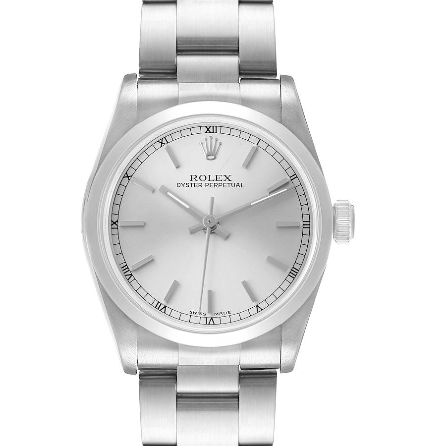 The Rolex Oyster Perpetual 77080 Women's Stainless Steel Silver Dial watch is shown from a frontal angle, highlighting its dial, case, and bracelet.