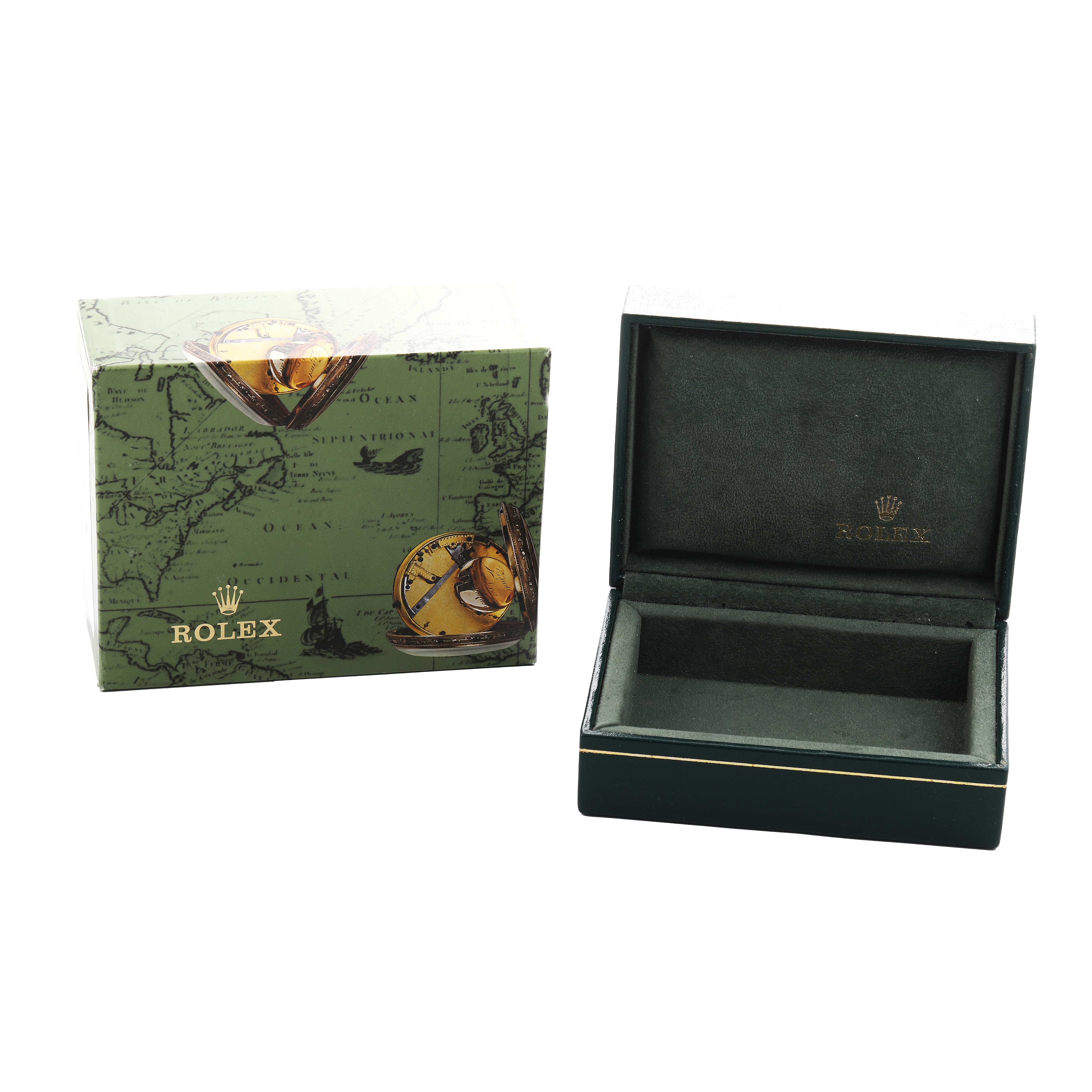 The image shows a Rolex Oyster Perpetual 77080 Women's Stainless Steel Silver Dial watch box with its lid open, revealing the interior lining and the branded exterior packaging.