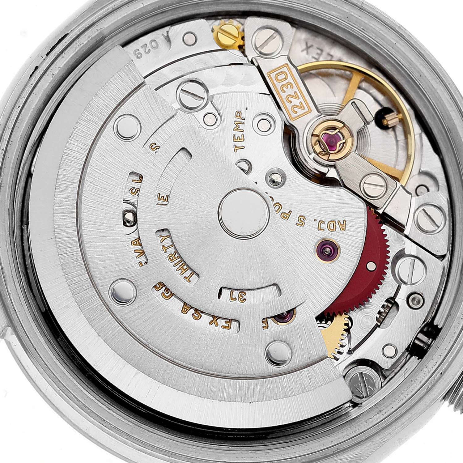 The image shows the inner workings and mechanism of a Rolex Oyster Perpetual 76080 Women's Stainless Steel Black Dial 76080 Women's Stainless Steel Black Dial watch viewed from the back.