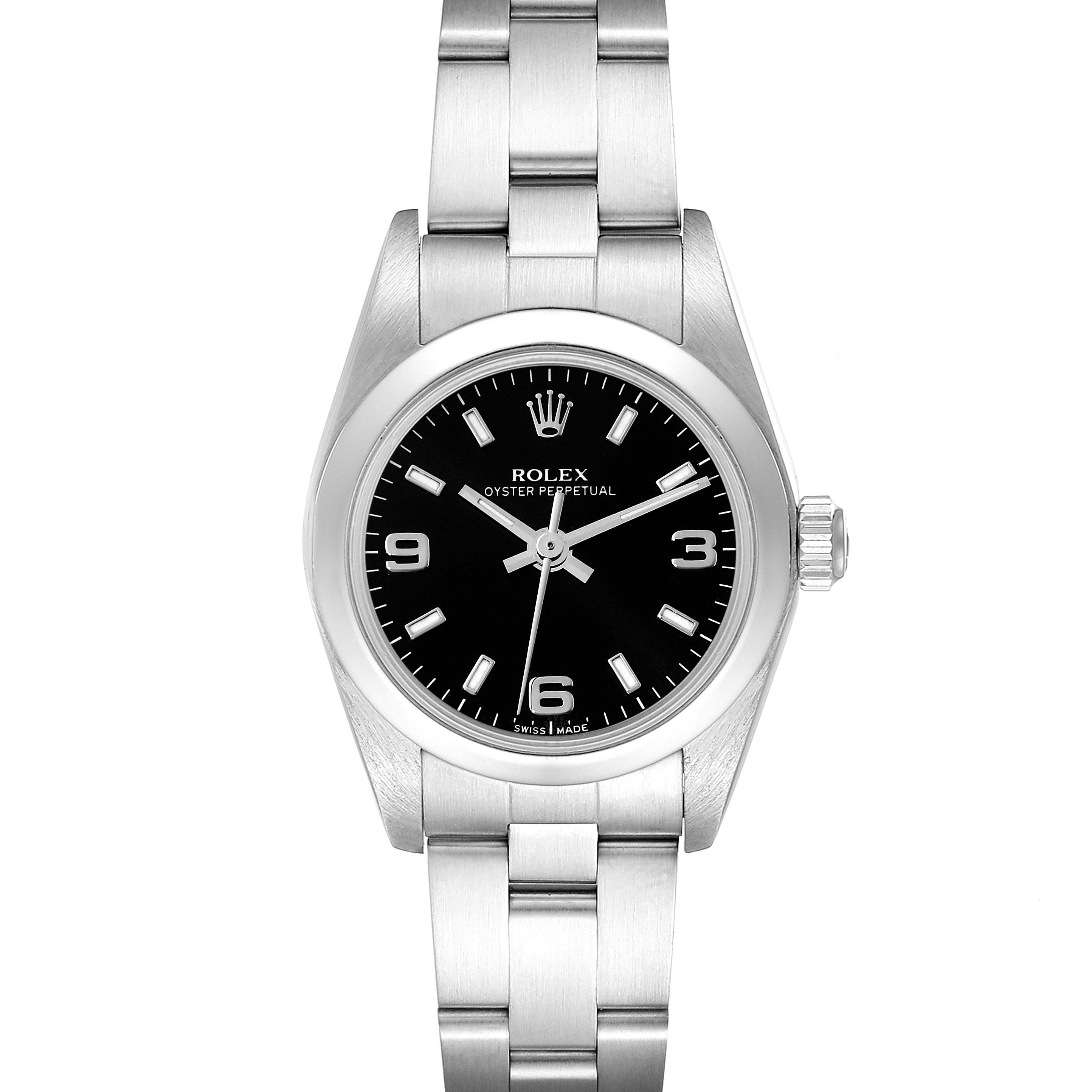 The image shows a front view of a Rolex Oyster Perpetual 76080 Women's Stainless Steel Black Dial 76080 Women's Stainless Steel Black Dial watch, highlighting its black dial, stainless steel case, and bracelet.