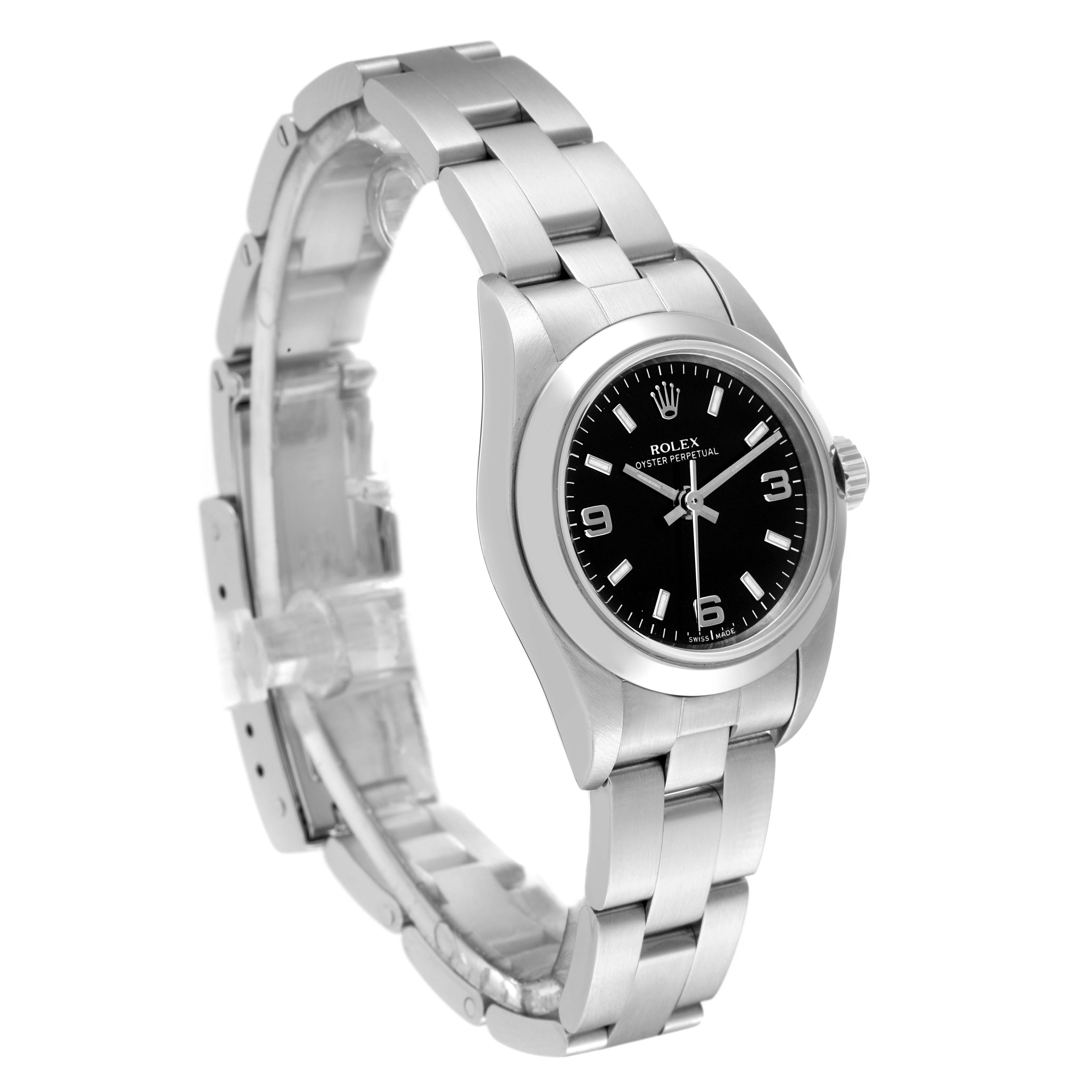This image shows a side and slight top angle of a Rolex Oyster Perpetual 76080 Women's Stainless Steel Black Dial 76080 Women's Stainless Steel Black Dial watch, highlighting the stainless steel band and black dial.