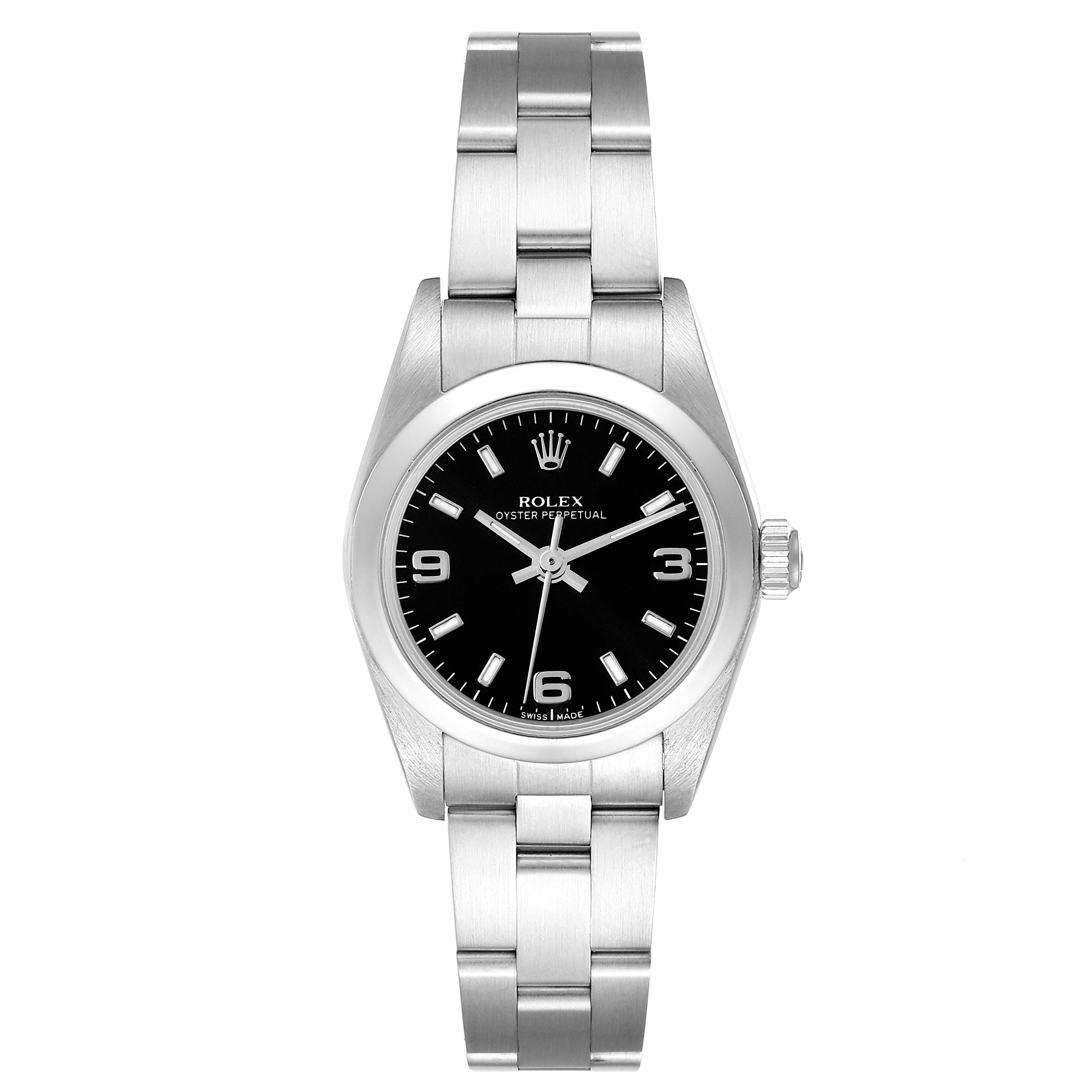 The image shows a front view of a Rolex Oyster Perpetual 76080 Women's Stainless Steel Black Dial 76080 Women's Stainless Steel Black Dial watch, highlighting its bracelet, case, dial, and crown.