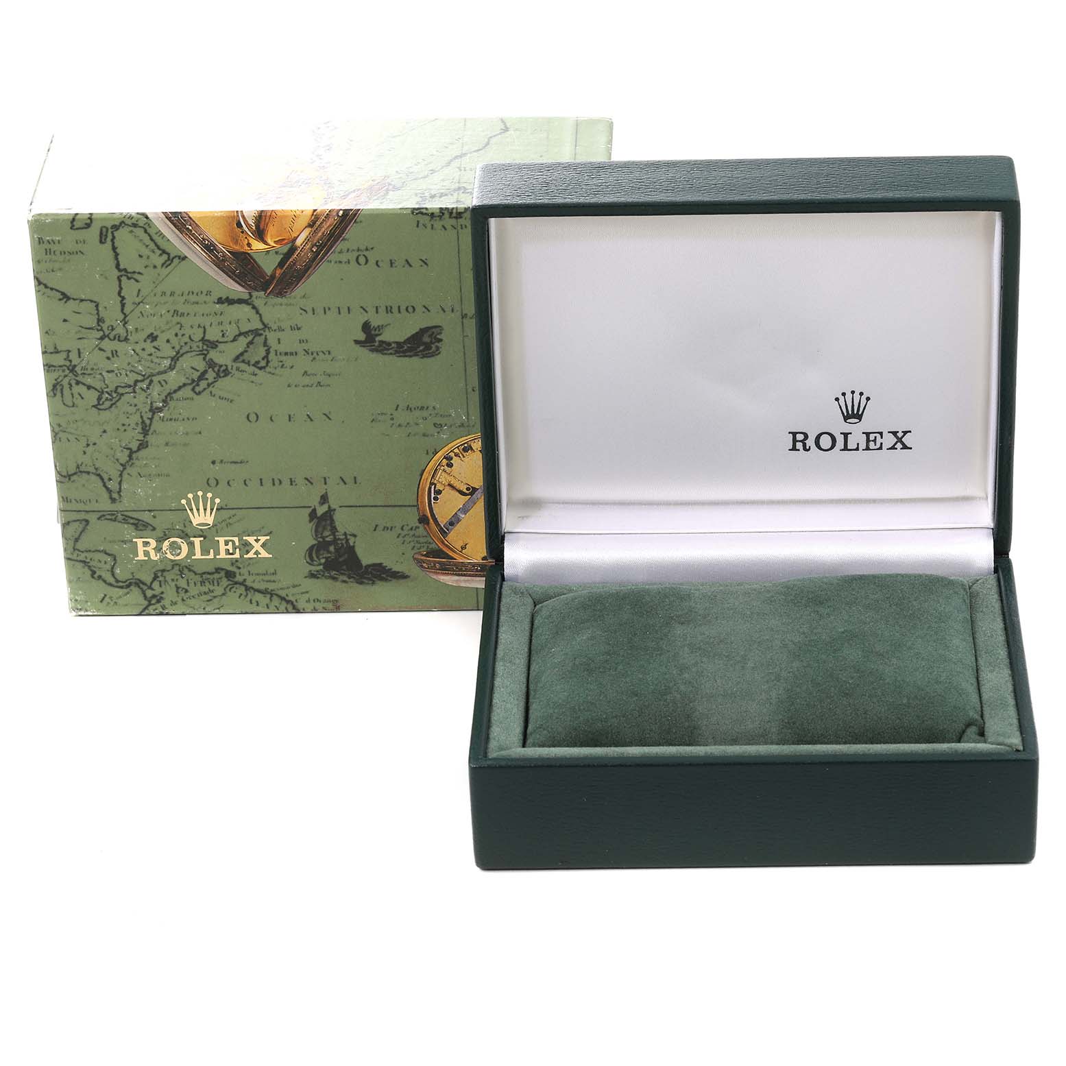 The image shows an open Rolex Oyster Perpetual 76080 Women's Stainless Steel Black Dial 76080 Women's Stainless Steel Black Dial watch box and its outer packaging, both viewed from the front.