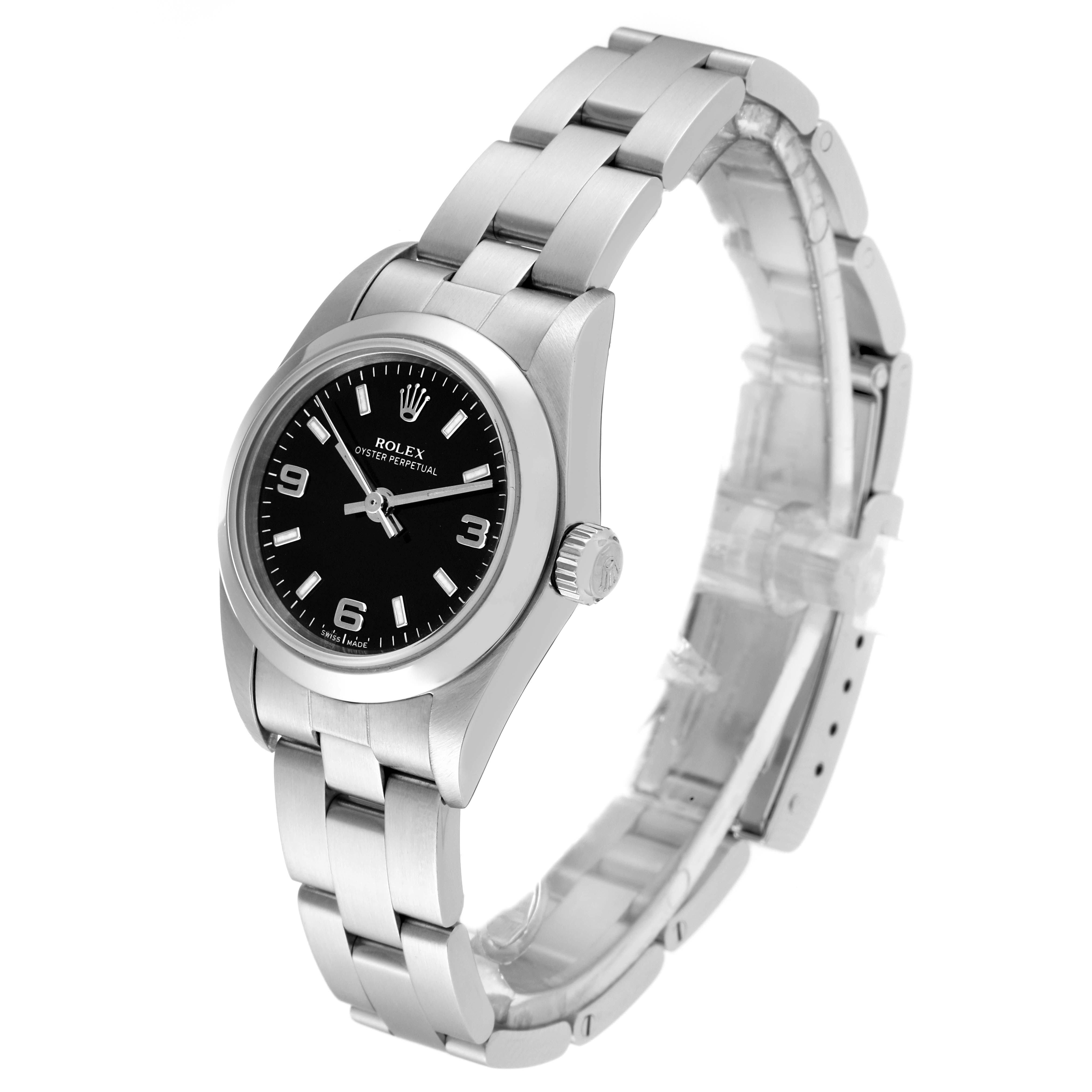 The image shows a Rolex Oyster Perpetual 76080 Women's Stainless Steel Black Dial 76080 Women's Stainless Steel Black Dial watch at a three-quarter angle, highlighting the face, bezel, crown, and bracelet.
