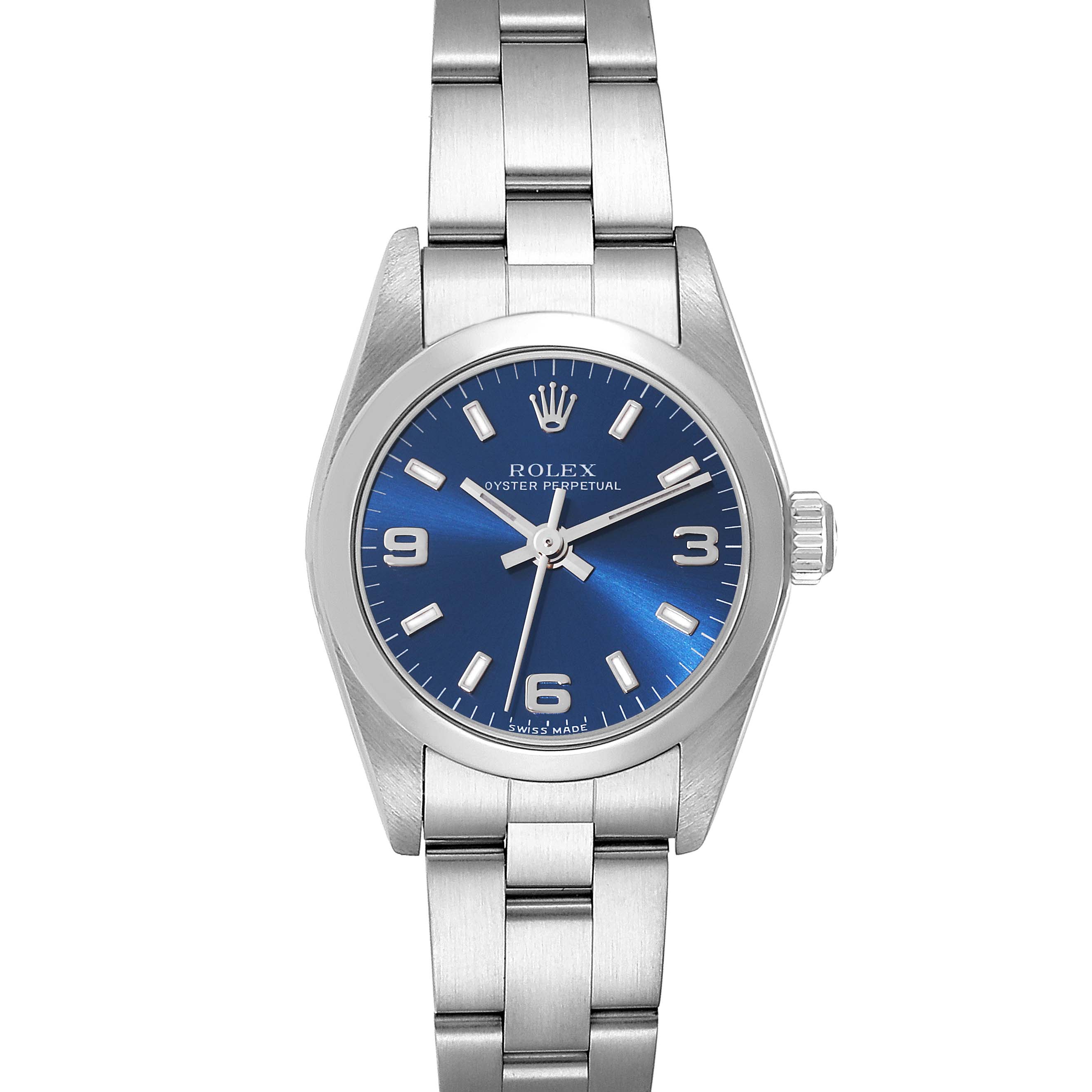 This image shows a front view of a Rolex Oyster Perpetual 76080 Women
s Stainless Steel Blue Dial 76080 Women
s Stainless Steel Blue Dial watch, displaying its blue dial and silver bracelet.
