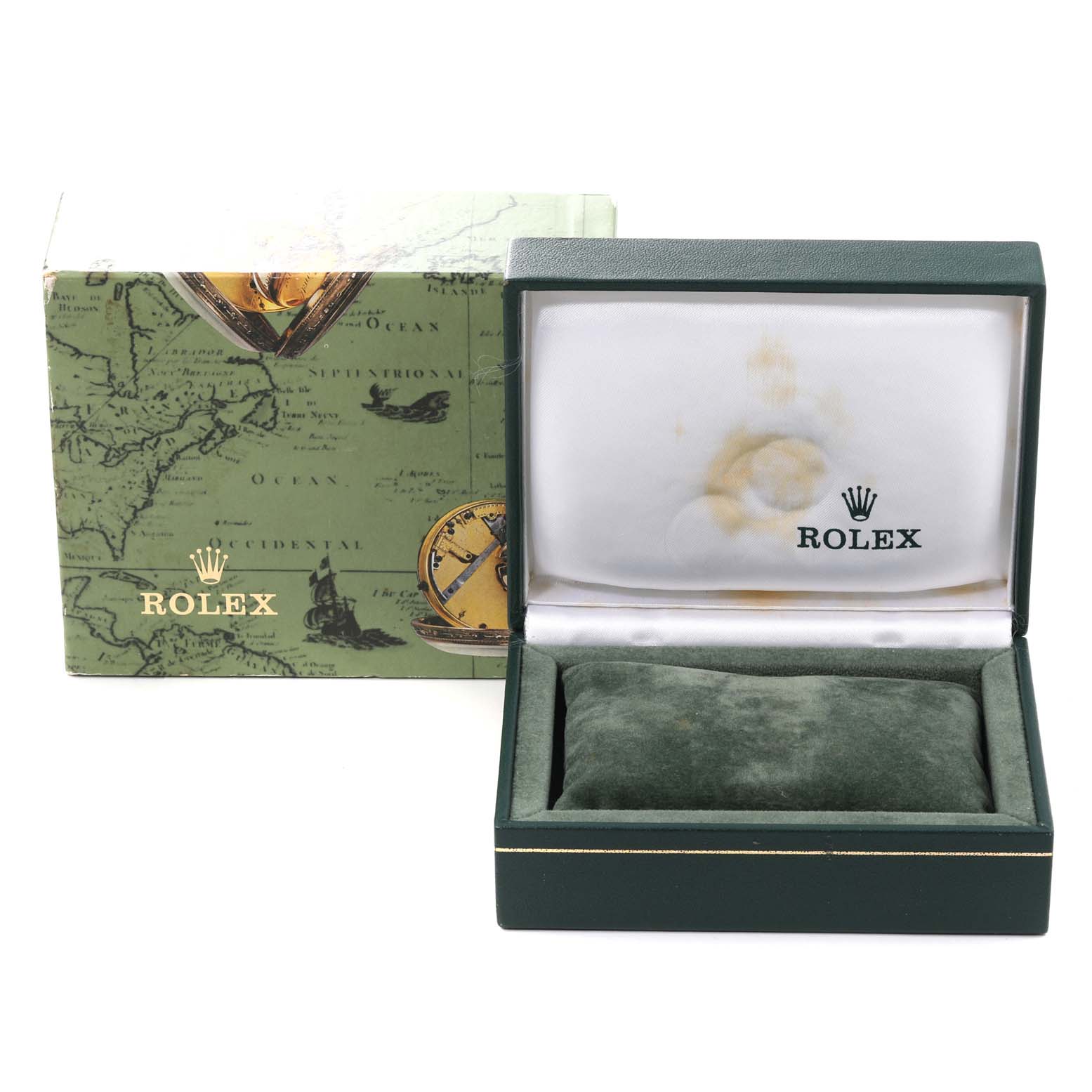 The image shows the packaging and open display box for a Rolex Oyster Perpetual 76080 Women
s Stainless Steel Blue Dial 76080 Women
s Stainless Steel Blue Dial watch, without the watch inside.